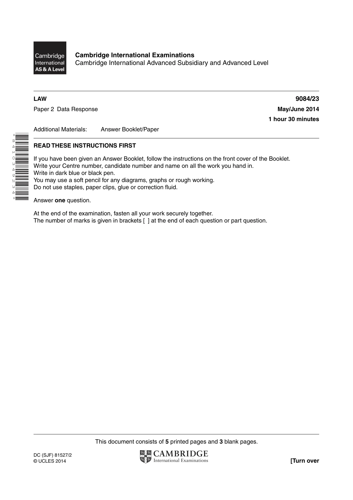 Cambridge A Level Law 9084 2014 May/June Paper 2 · Variant 3 question paper, page 1 of 8