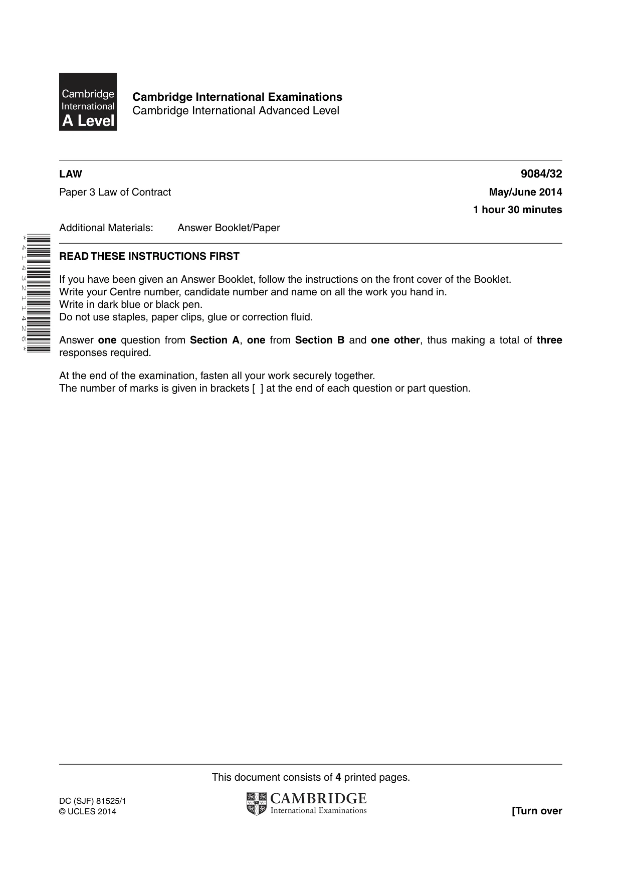 Cambridge A Level Law 9084 2014 May/June Paper 3 · Variant 2 question paper, page 1 of 4