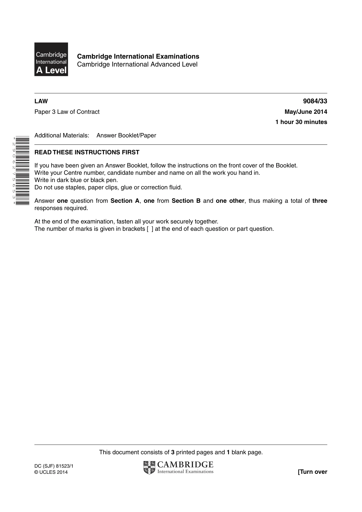 Cambridge A Level Law 9084 2014 May/June Paper 3 · Variant 3 question paper, page 1 of 4