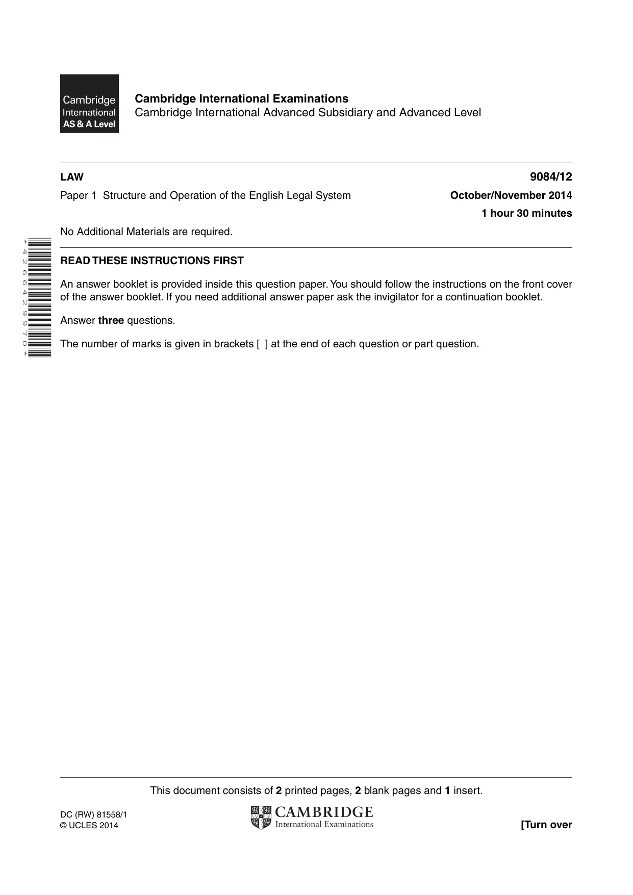Cambridge A Level Law 9084 2014 Oct/Nov Paper 1 · Variant 2 question paper, page 1 of 4