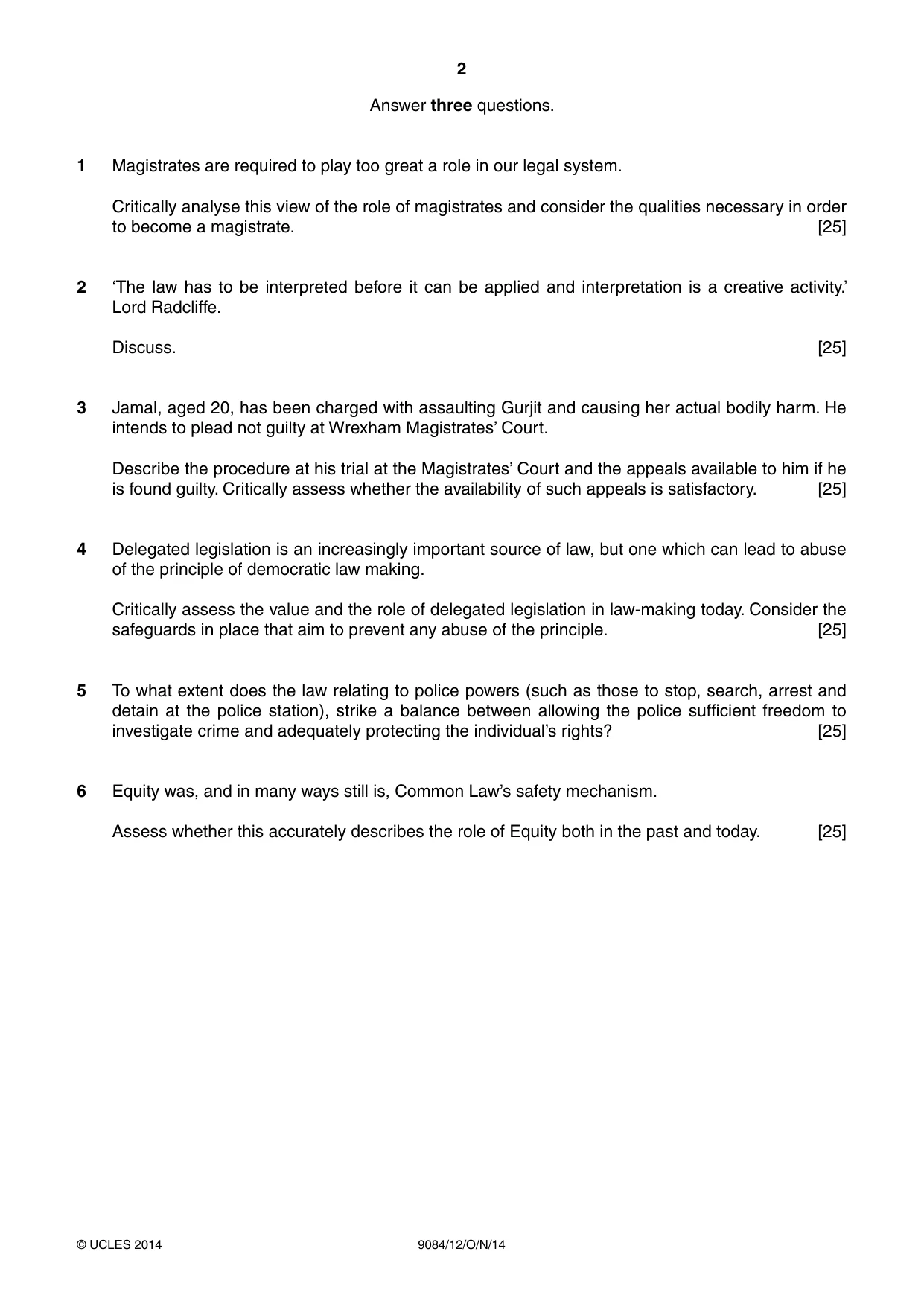 Cambridge A Level Law 9084 2014 Oct/Nov Paper 1 · Variant 2 question paper, page 2 of 4