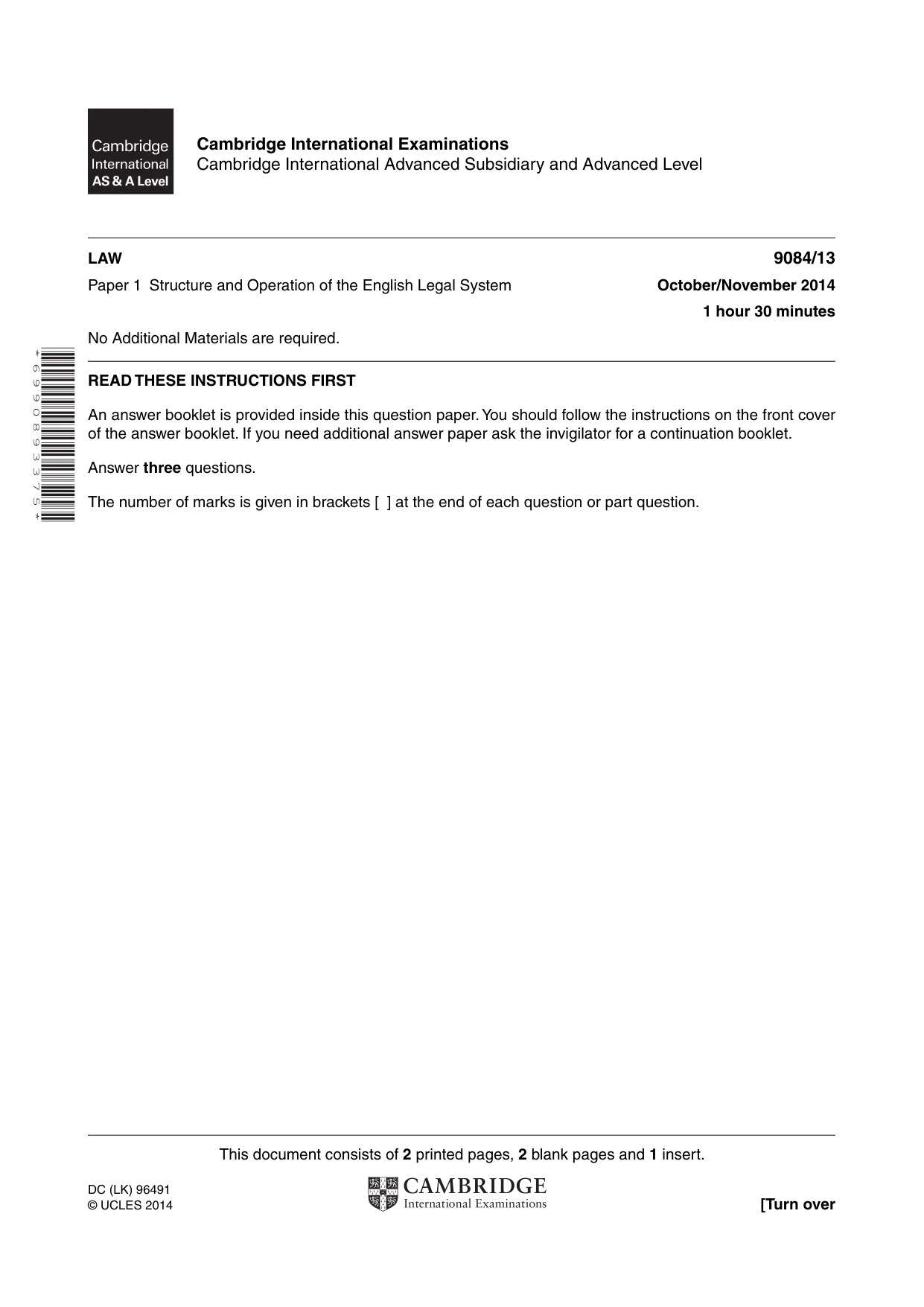 Cambridge A Level Law 9084 2014 Oct/Nov Paper 1 · Variant 3 question paper, page 1 of 4