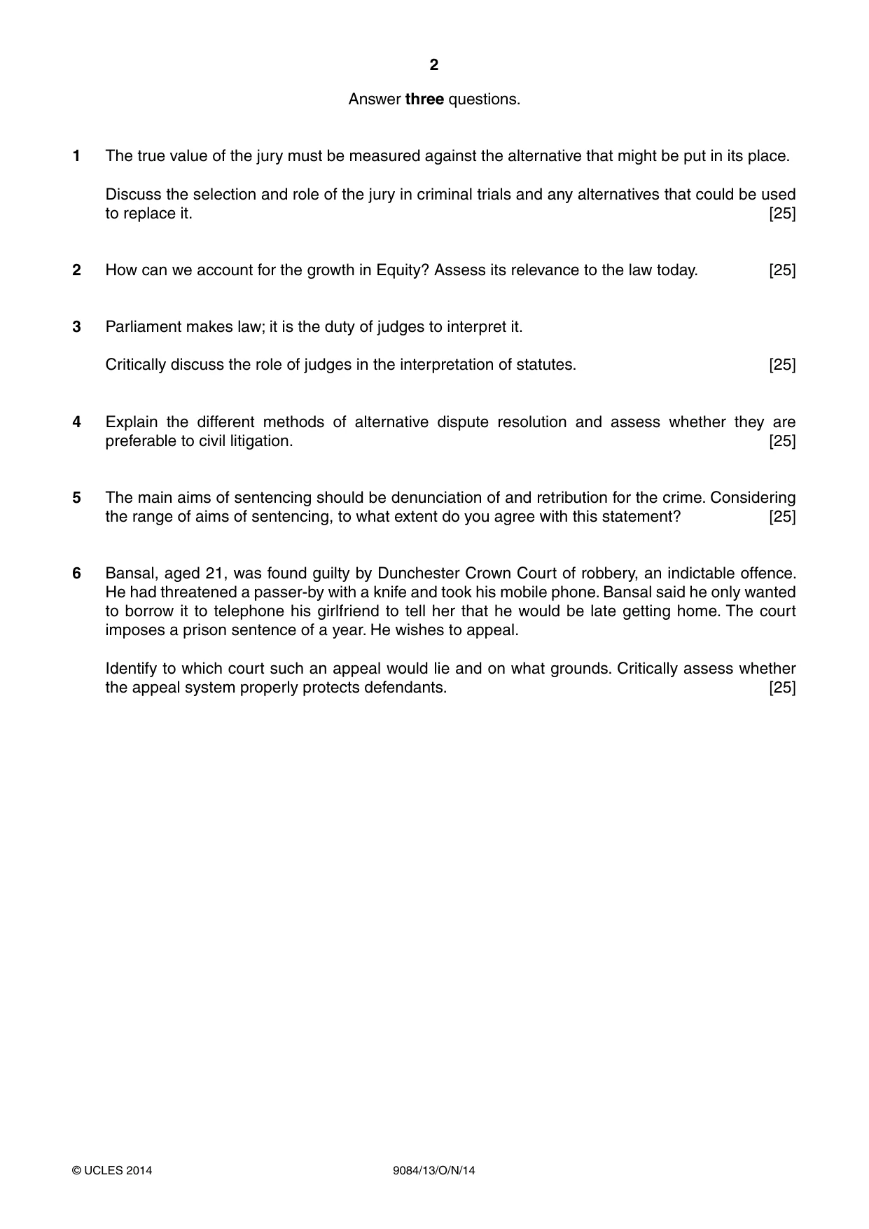 Cambridge A Level Law 9084 2014 Oct/Nov Paper 1 · Variant 3 question paper, page 2 of 4