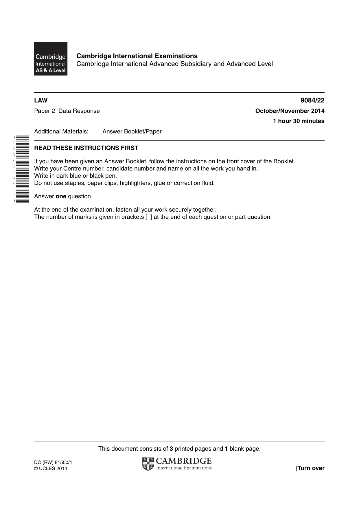 Cambridge A Level Law 9084 2014 Oct/Nov Paper 2 · Variant 2 question paper, page 1 of 4