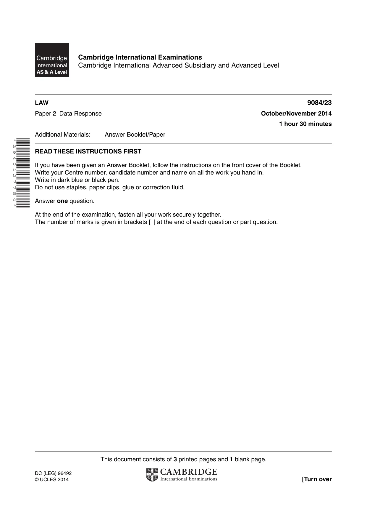 Cambridge A Level Law 9084 2014 Oct/Nov Paper 2 · Variant 3 question paper, page 1 of 4