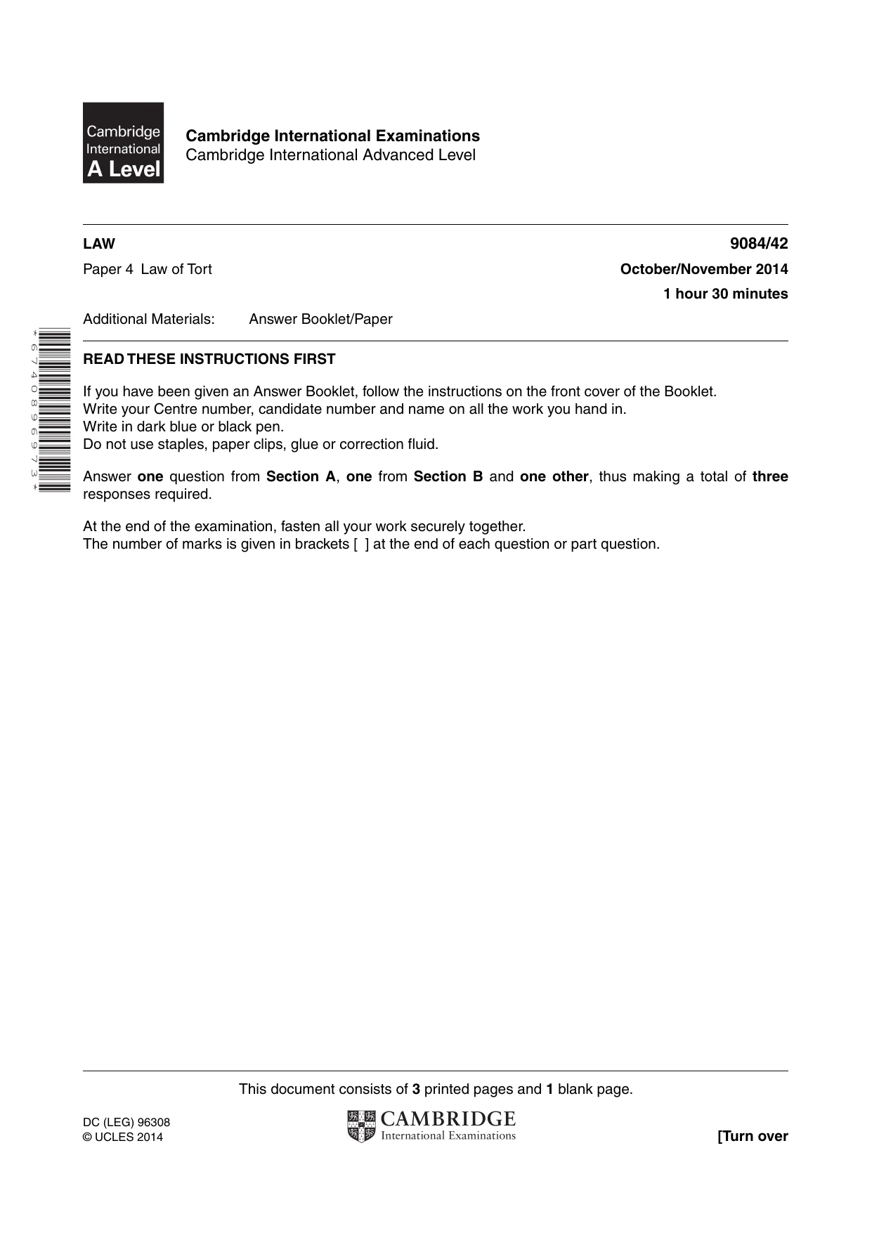 Cambridge A Level Law 9084 2014 Oct/Nov Paper 4 · Variant 2 question paper, page 1 of 4