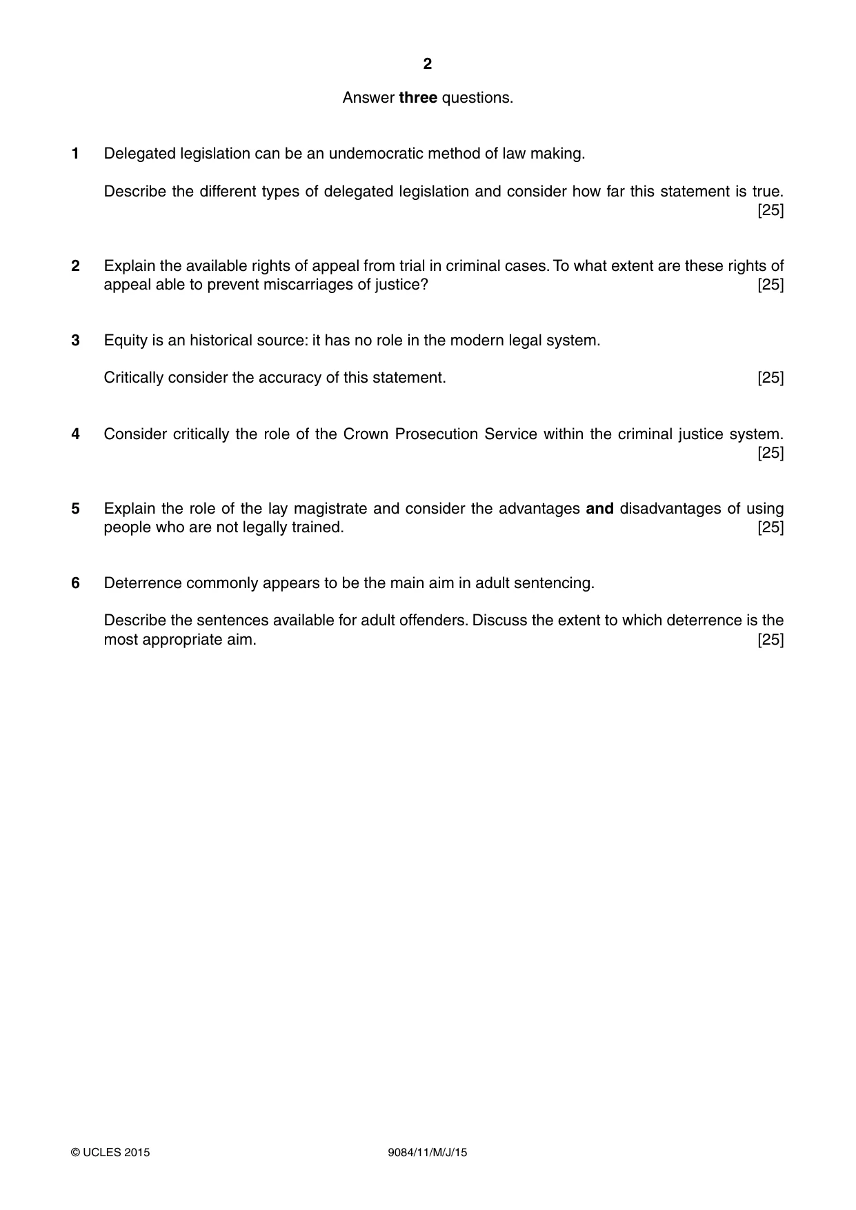 Cambridge A Level Law 9084 2015 May/June Paper 1 · Variant 1 question paper, page 2 of 4