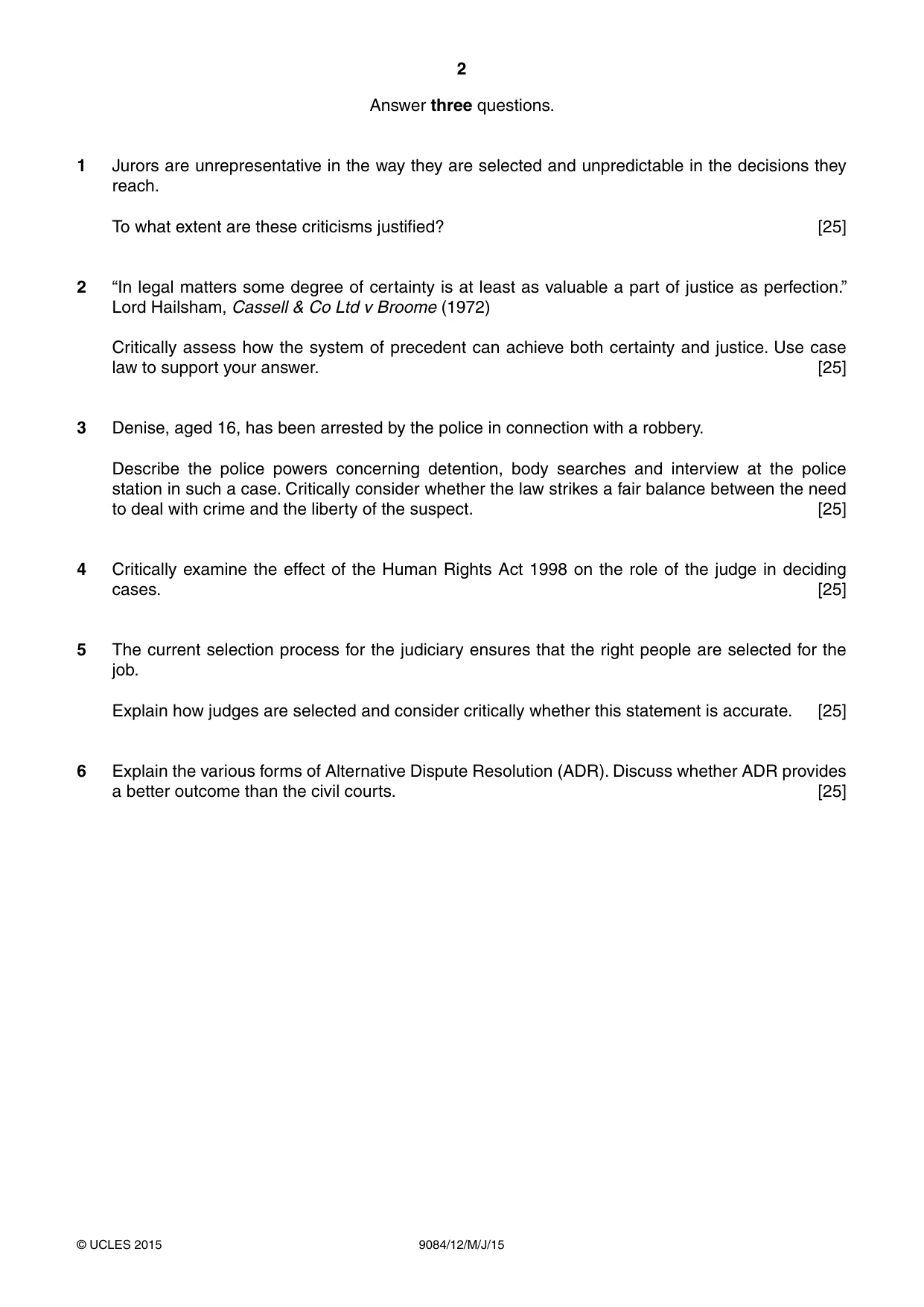 Cambridge A Level Law 9084 2015 May/June Paper 1 · Variant 2 question paper, page 2 of 4
