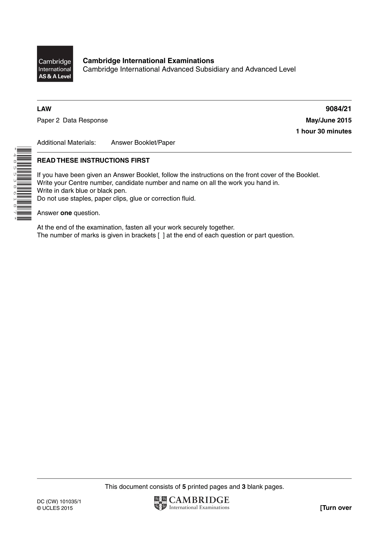 Cambridge A Level Law 9084 2015 May/June Paper 2 · Variant 1 question paper, page 1 of 8