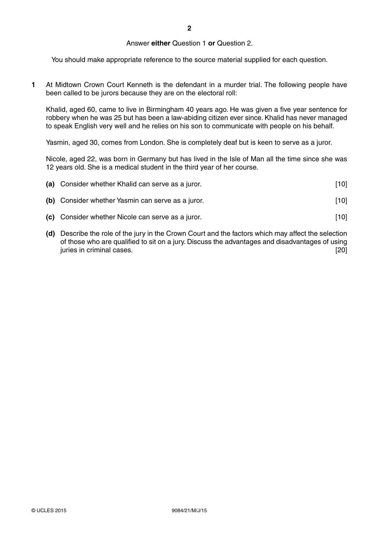 Cambridge A Level Law 9084 2015 May/June Paper 2 · Variant 1 question paper, page 2 of 8