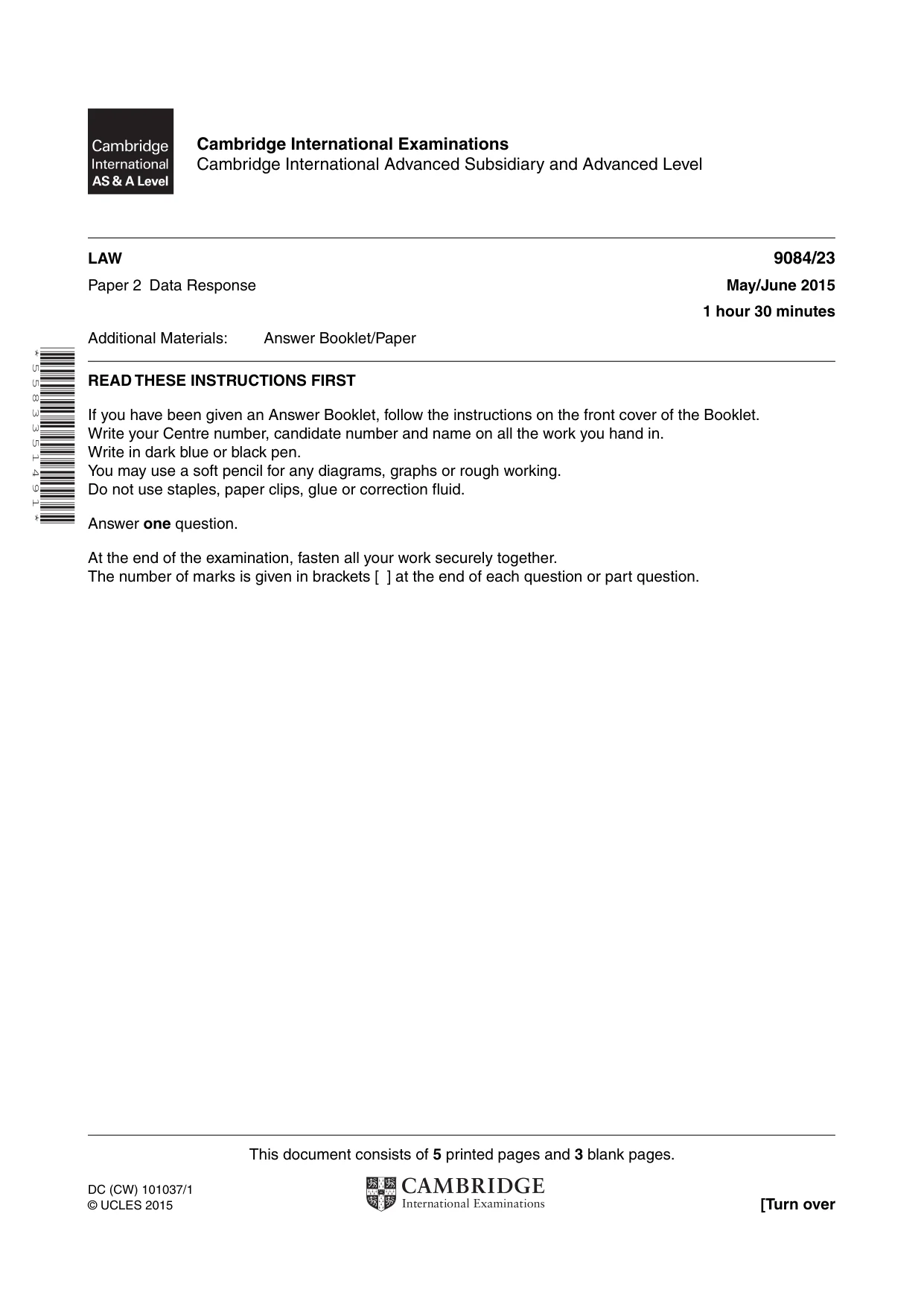 Cambridge A Level Law 9084 2015 May/June Paper 2 · Variant 3 question paper, page 1 of 8