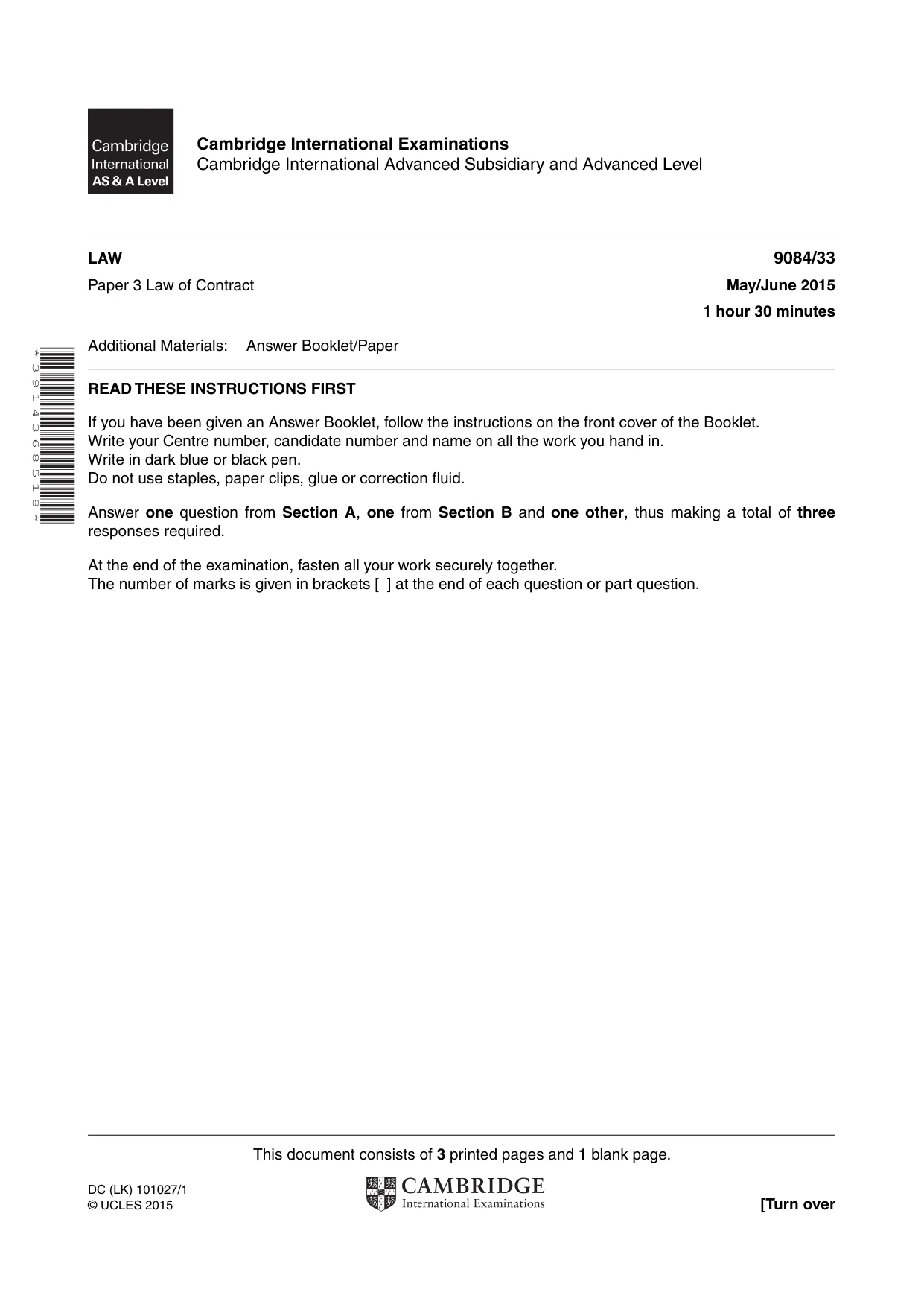 Cambridge A Level Law 9084 2015 May/June Paper 3 · Variant 3 question paper, page 1 of 4