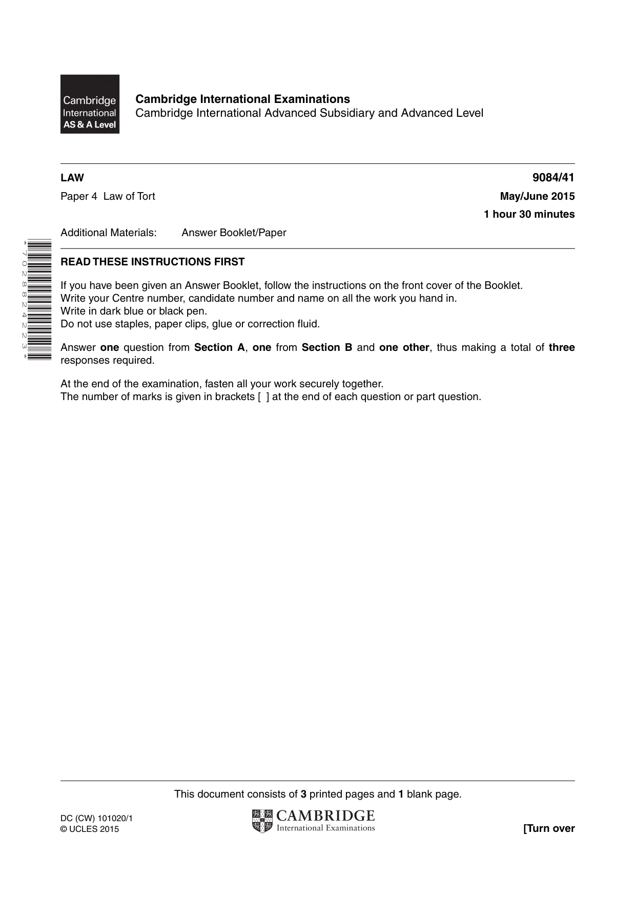 Cambridge A Level Law 9084 2015 May/June Paper 4 · Variant 1 question paper, page 1 of 4