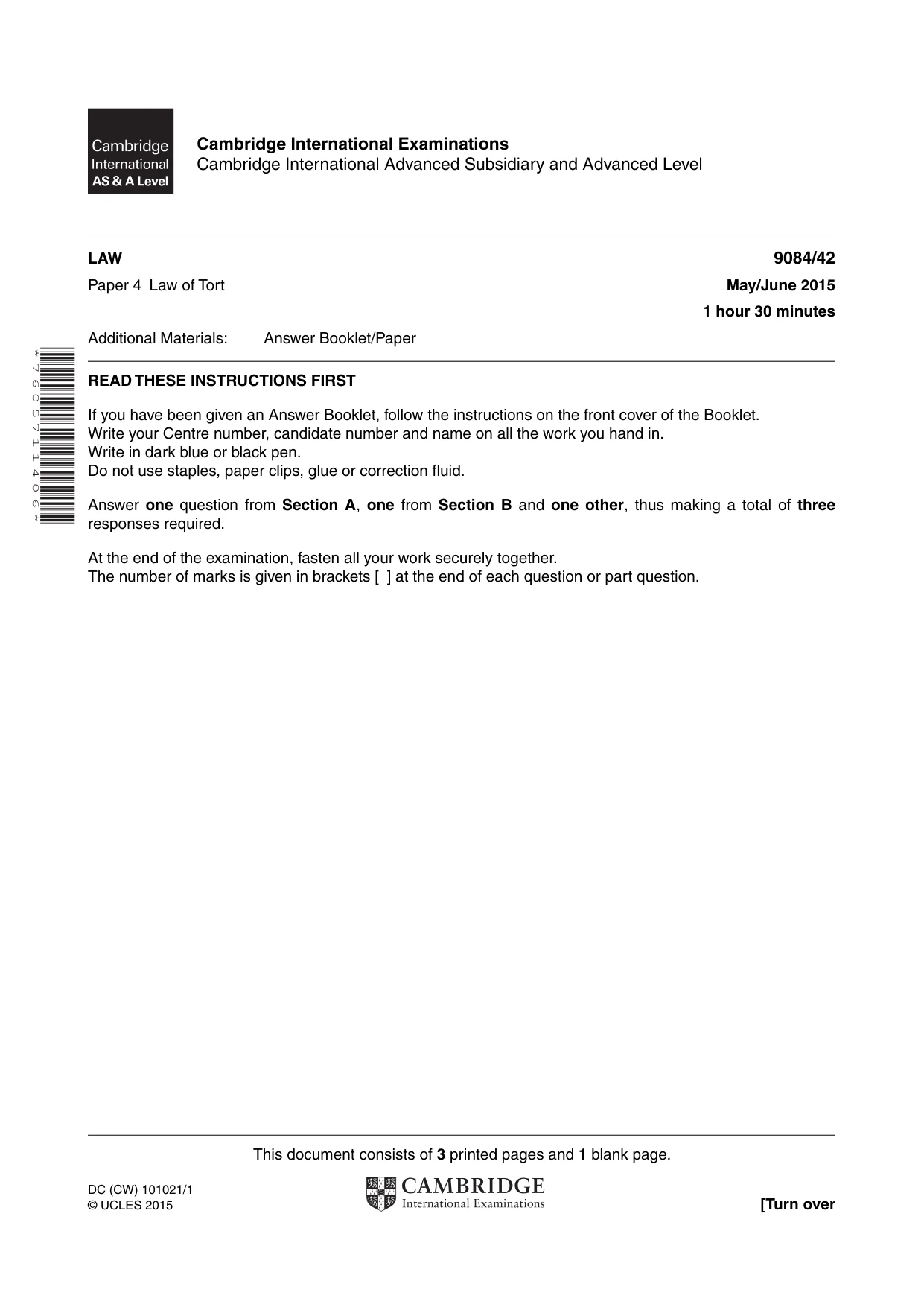 Cambridge A Level Law 9084 2015 May/June Paper 4 · Variant 2 question paper, page 1 of 4