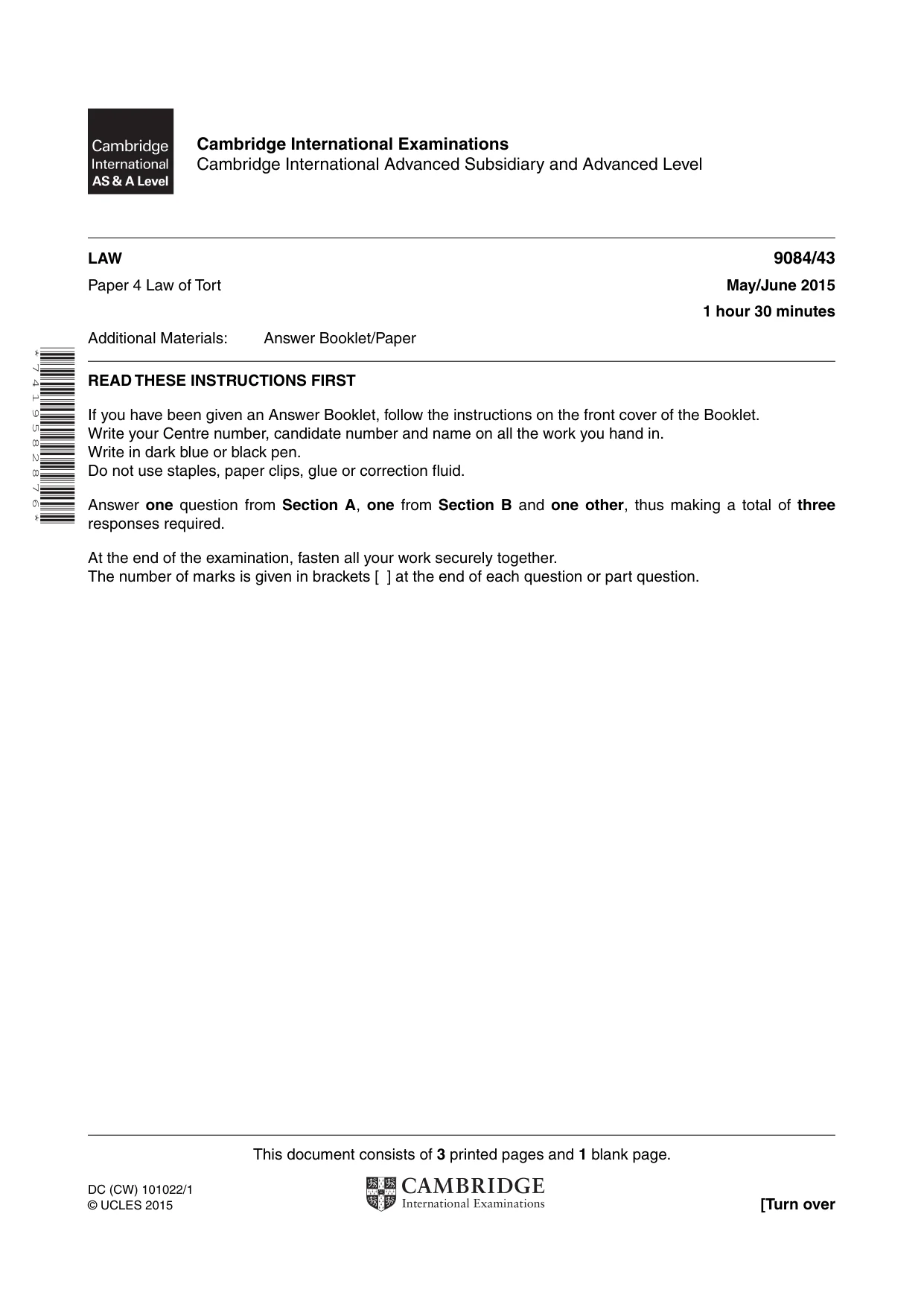 Cambridge A Level Law 9084 2015 May/June Paper 4 · Variant 3 question paper, page 1 of 4