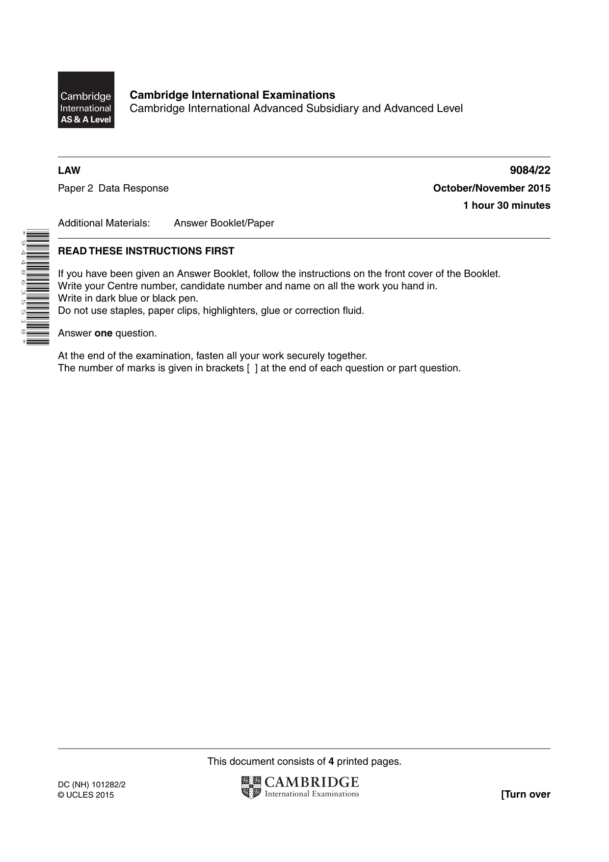 Cambridge A Level Law 9084 2015 Oct/Nov Paper 2 · Variant 2 question paper, page 1 of 4