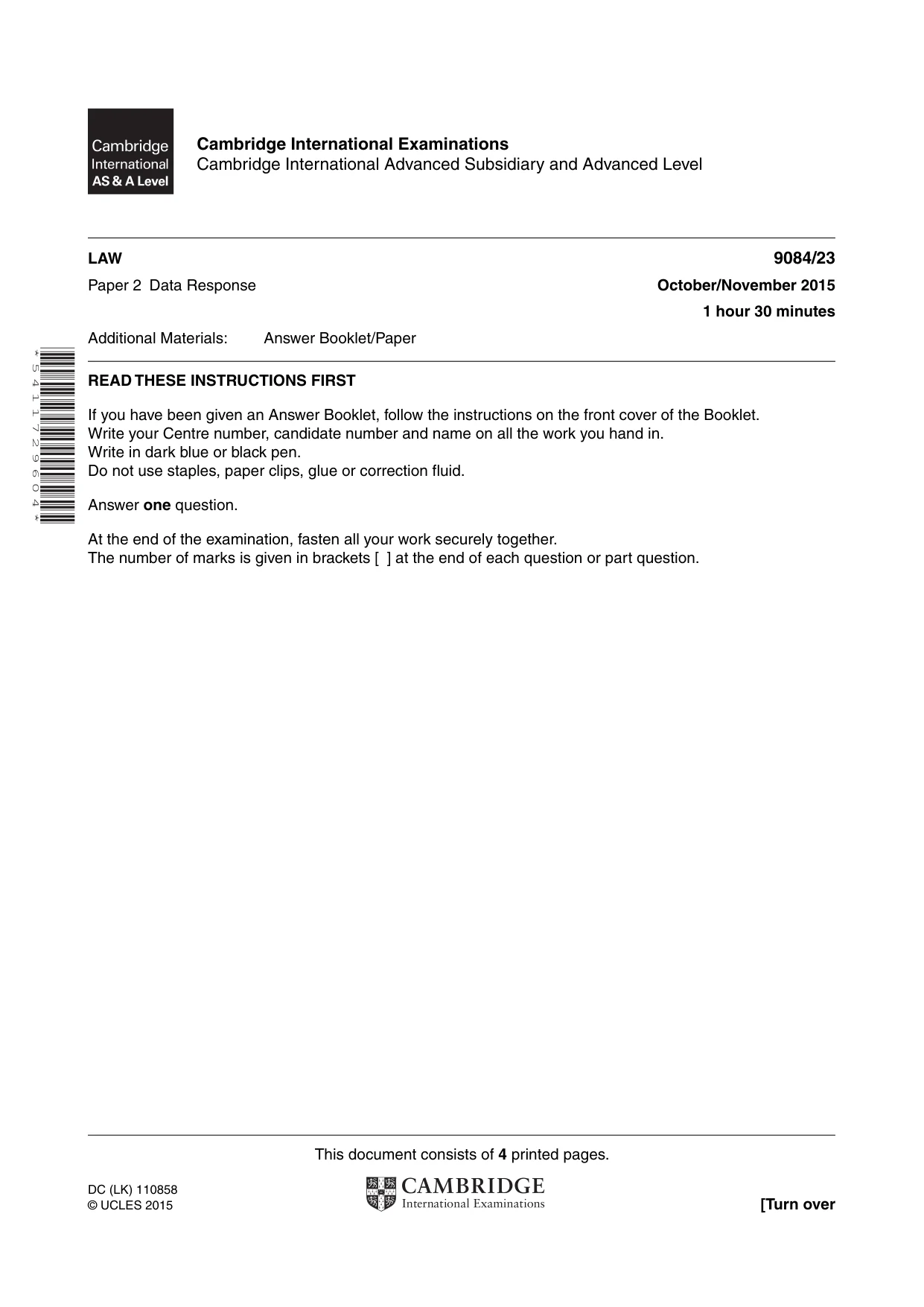 Cambridge A Level Law 9084 2015 Oct/Nov Paper 2 · Variant 3 question paper, page 1 of 4