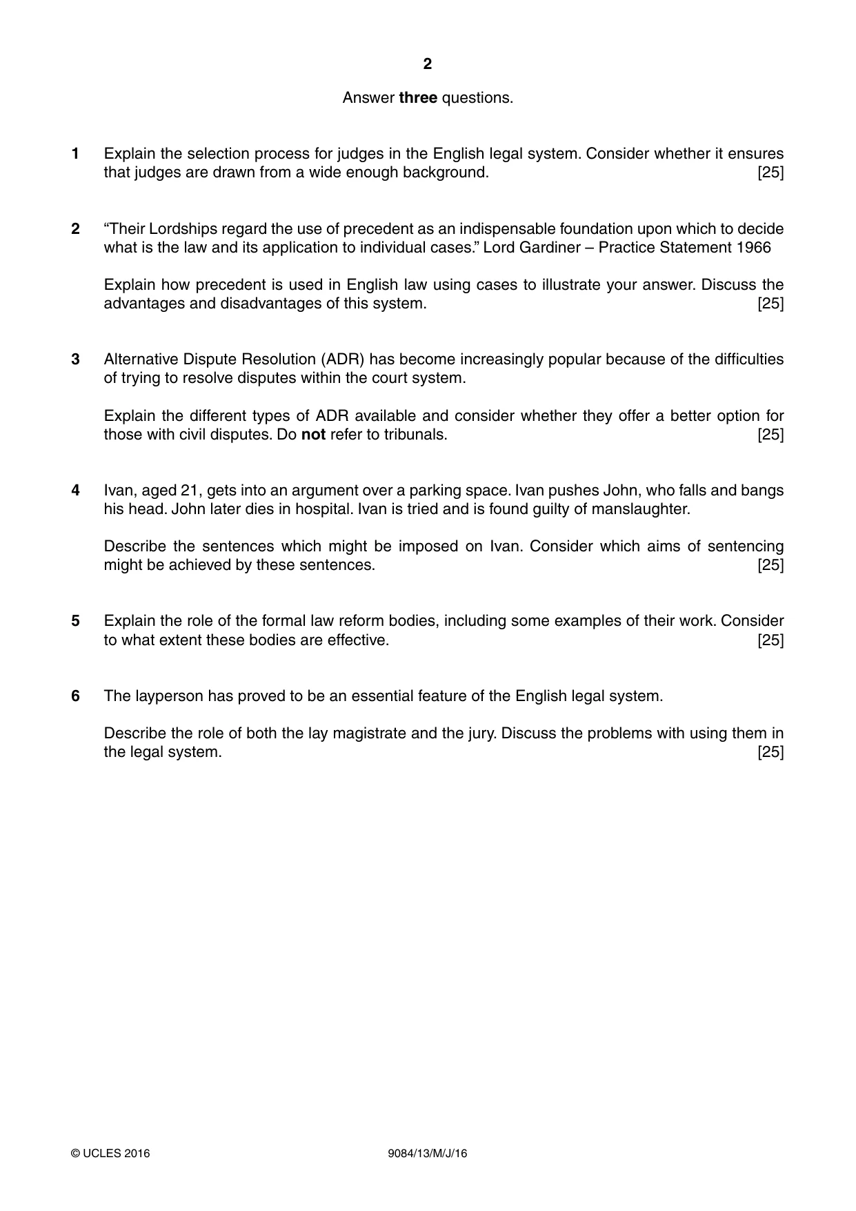 Cambridge A Level Law 9084 2016 May/June Paper 1 · Variant 3 question paper, page 2 of 4