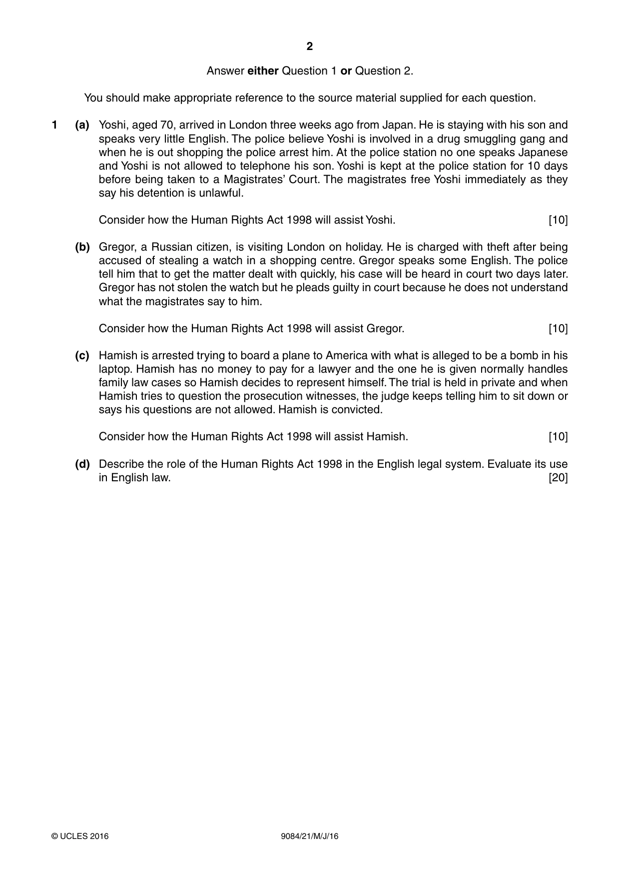 Cambridge A Level Law 9084 2016 May/June Paper 2 · Variant 1 question paper, page 2 of 8