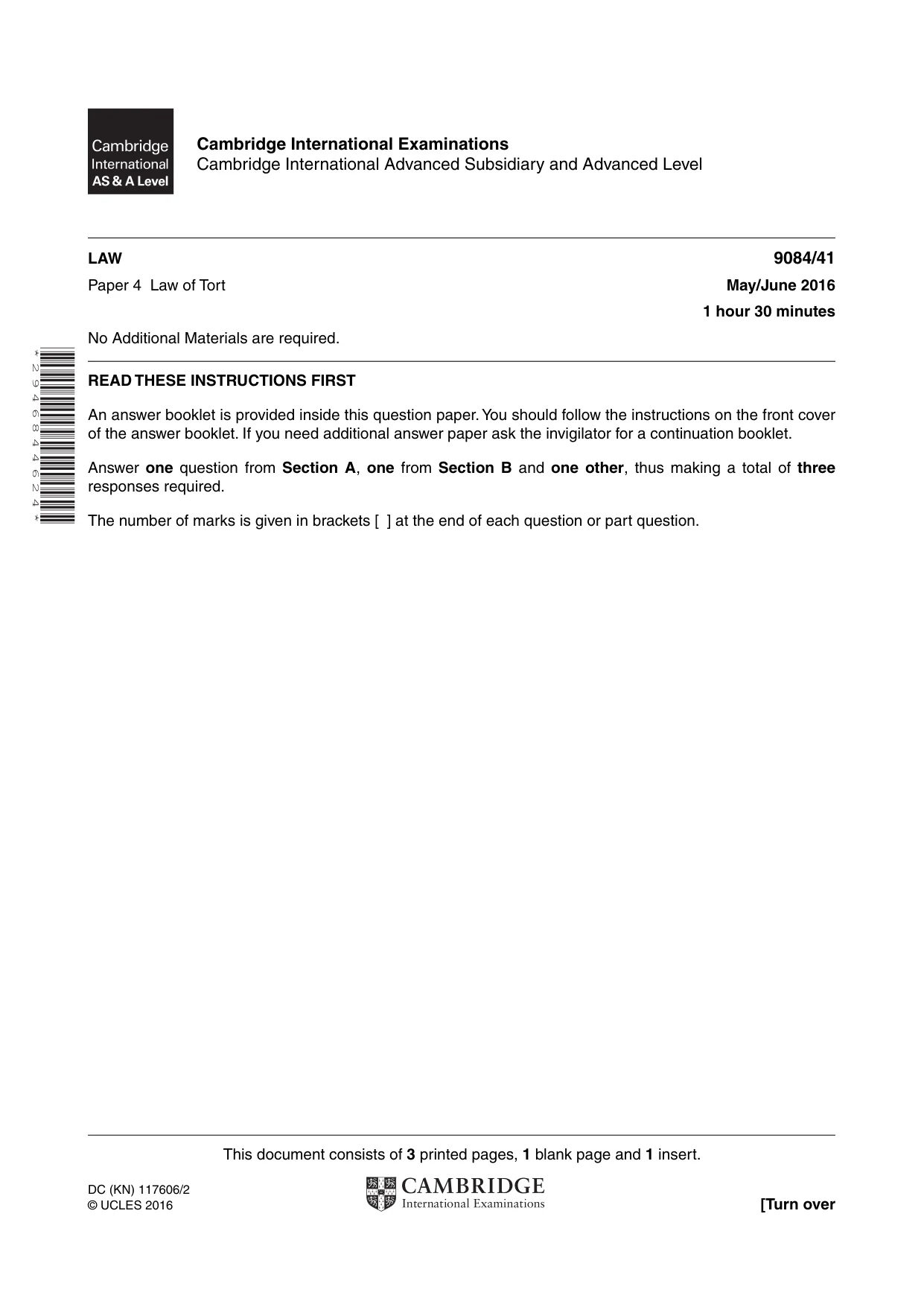 Cambridge A Level Law 9084 2016 May/June Paper 4 · Variant 1 question paper, page 1 of 4