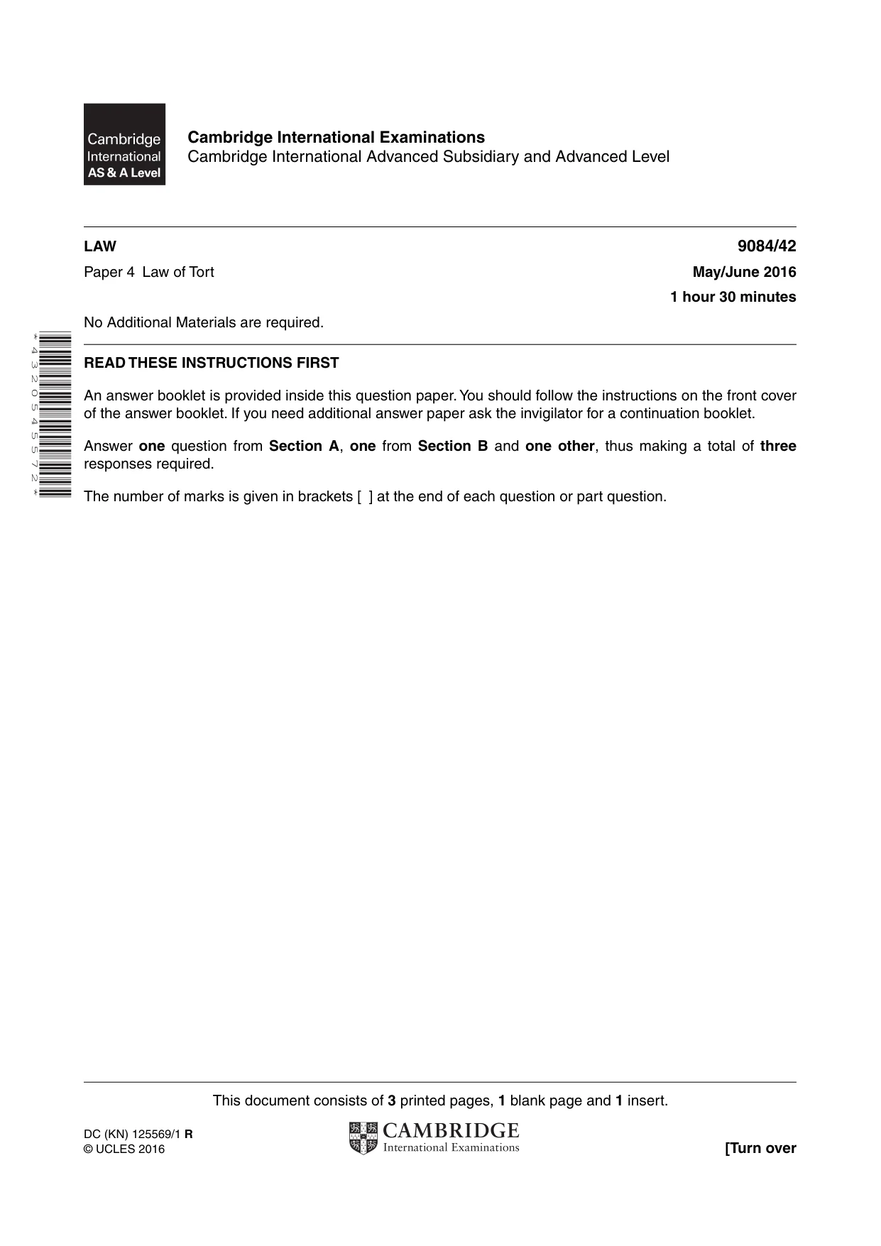 Cambridge A Level Law 9084 2016 May/June Paper 4 · Variant 2 question paper, page 1 of 4