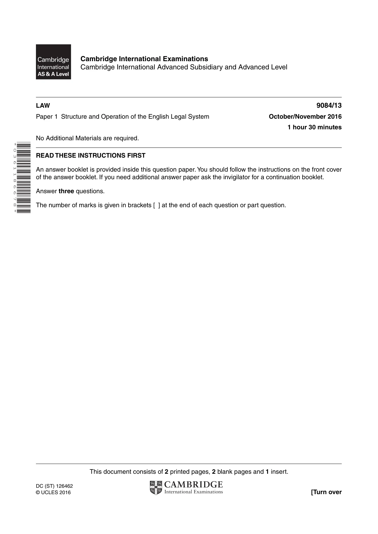 Cambridge A Level Law 9084 2016 Oct/Nov Paper 1 · Variant 3 question paper, page 1 of 4