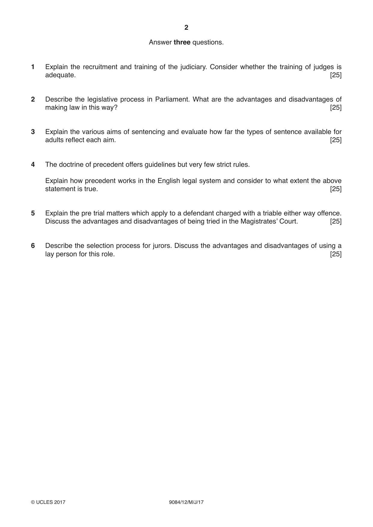 Cambridge A Level Law 9084 2017 May/June Paper 1 · Variant 2 question paper, page 2 of 4