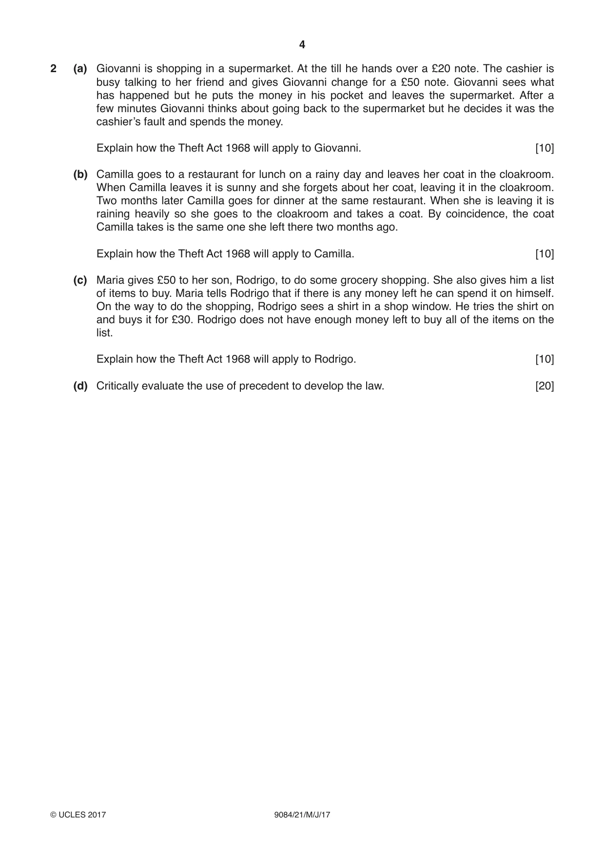 Cambridge A Level Law 9084 2017 May/June Paper 2 · Variant 1 question paper, page 4 of 8