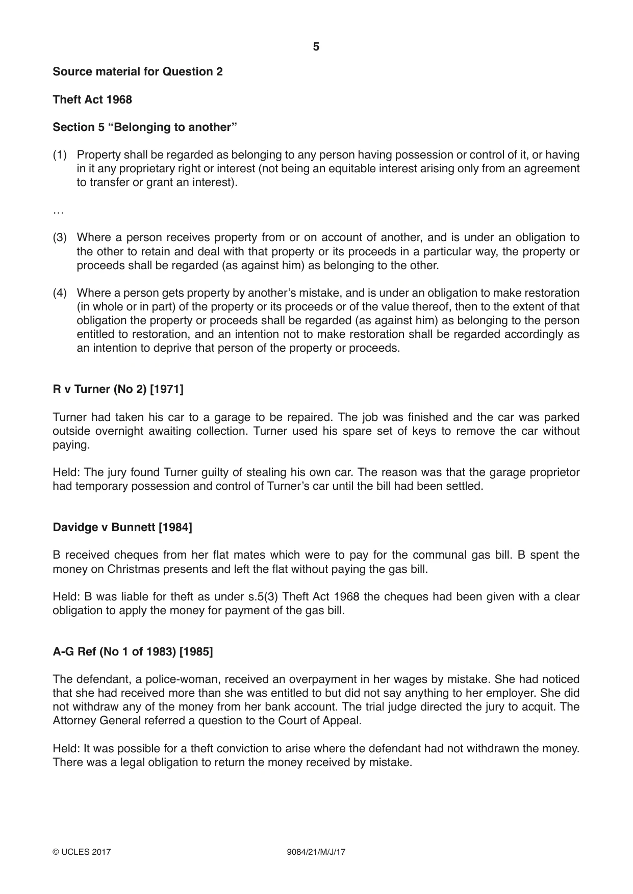 Cambridge A Level Law 9084 2017 May/June Paper 2 · Variant 1 question paper, page 5 of 8