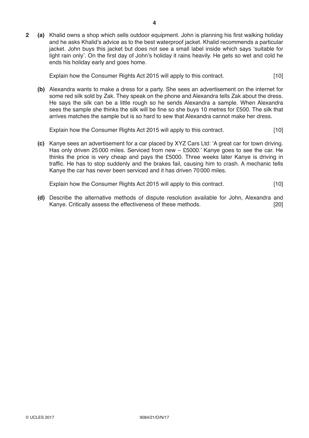 Cambridge A Level Law 9084 2017 Oct/Nov Paper 2 · Variant 1 question paper, page 4 of 8