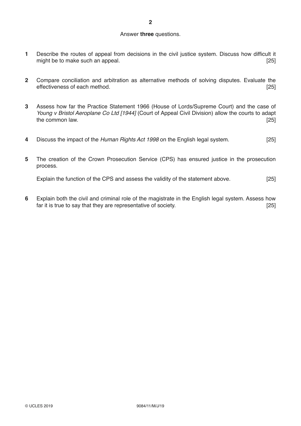 Cambridge A Level Law 9084 2019 May/June Paper 1 · Variant 1 question paper, page 2 of 4