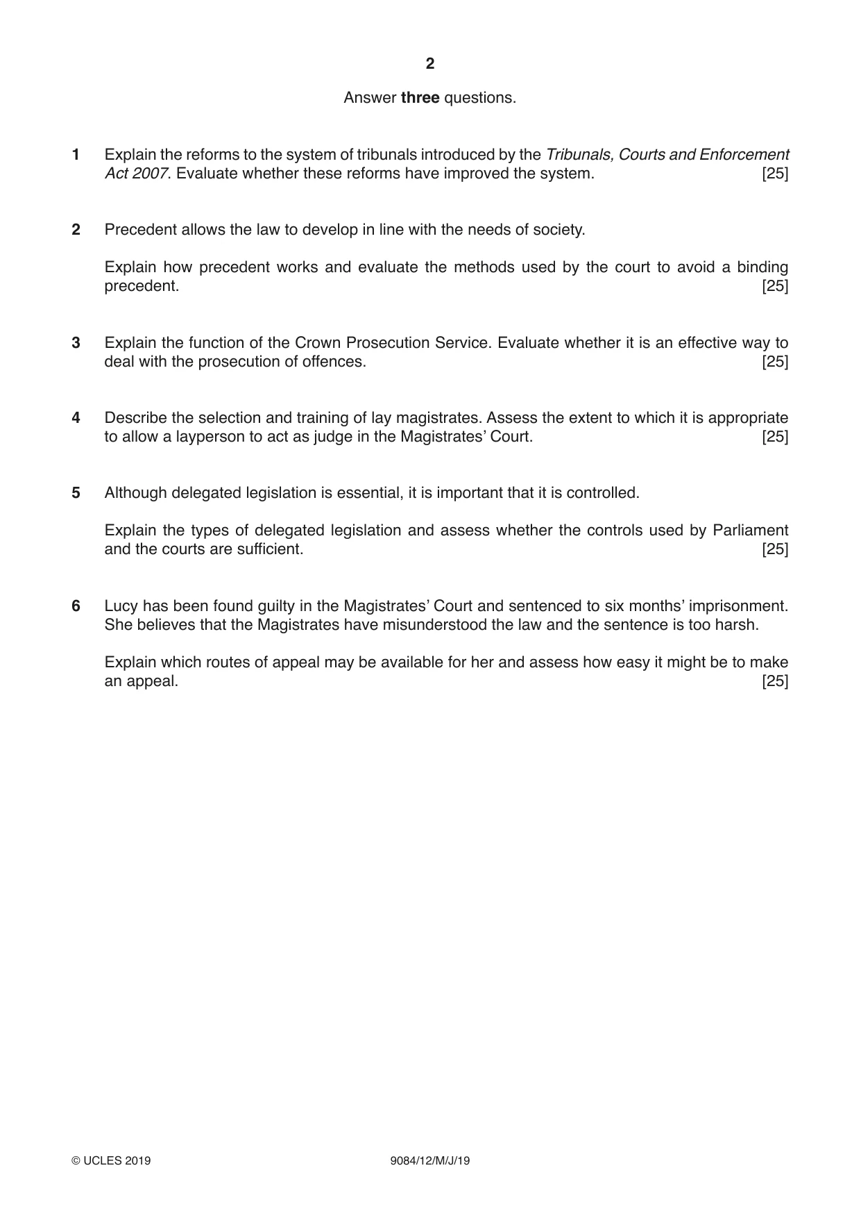 Cambridge A Level Law 9084 2019 May/June Paper 1 · Variant 2 question paper, page 2 of 4
