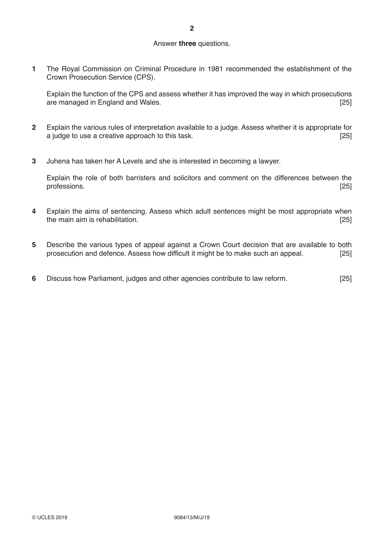 Cambridge A Level Law 9084 2019 May/June Paper 1 · Variant 3 question paper, page 2 of 4
