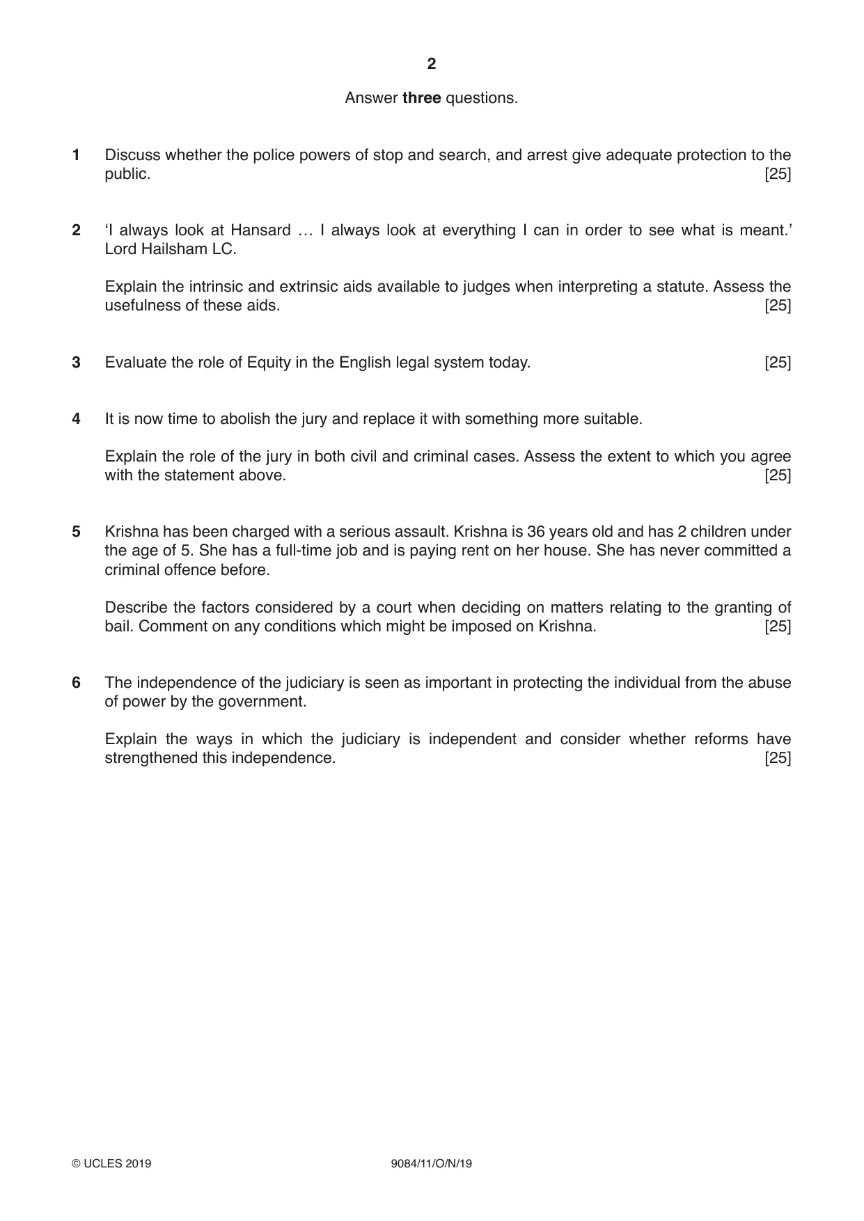 Cambridge A Level Law 9084 2019 Oct/Nov Paper 1 · Variant 1 question paper, page 2 of 4