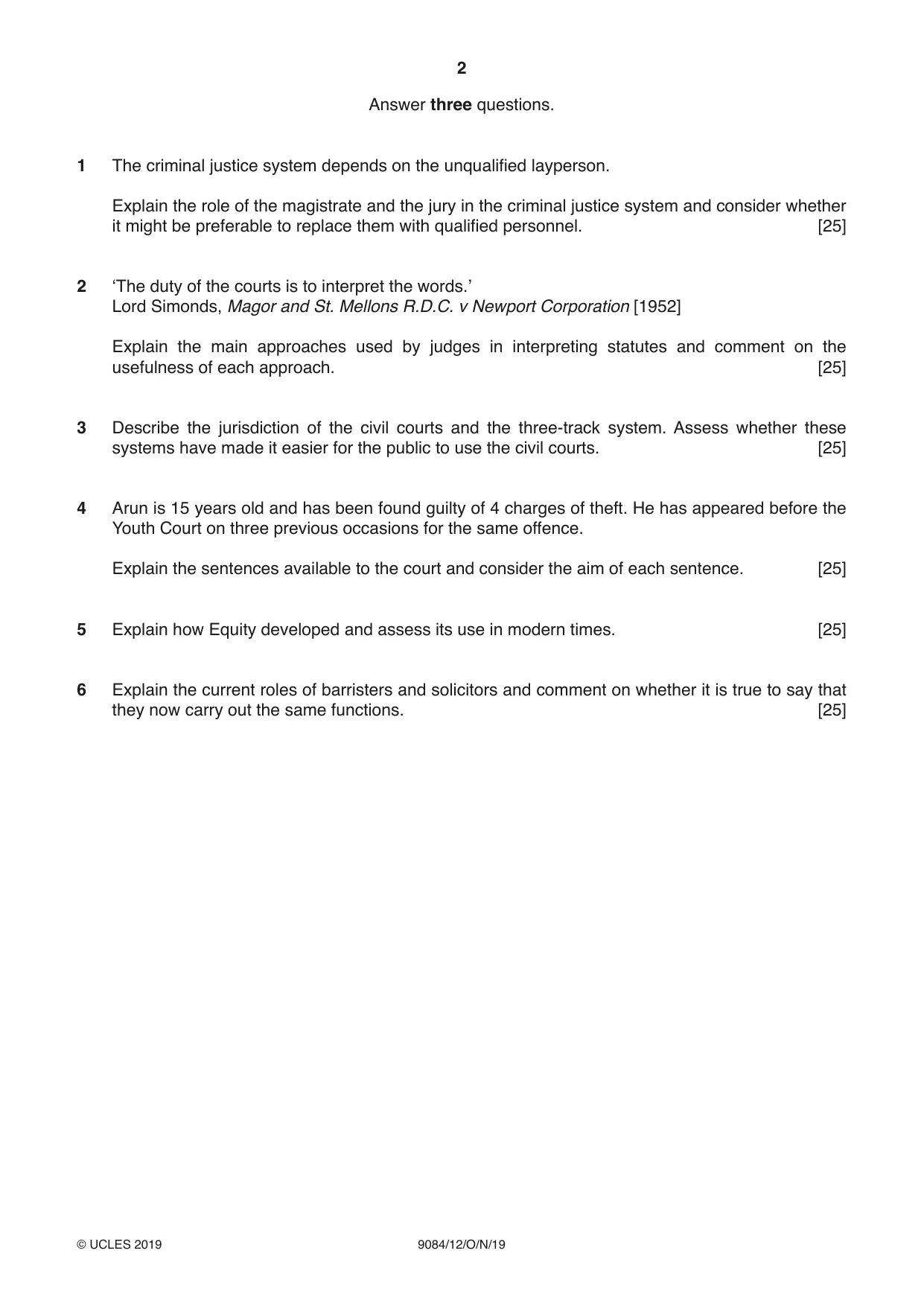 Cambridge A Level Law 9084 2019 Oct/Nov Paper 1 · Variant 2 question paper, page 2 of 4