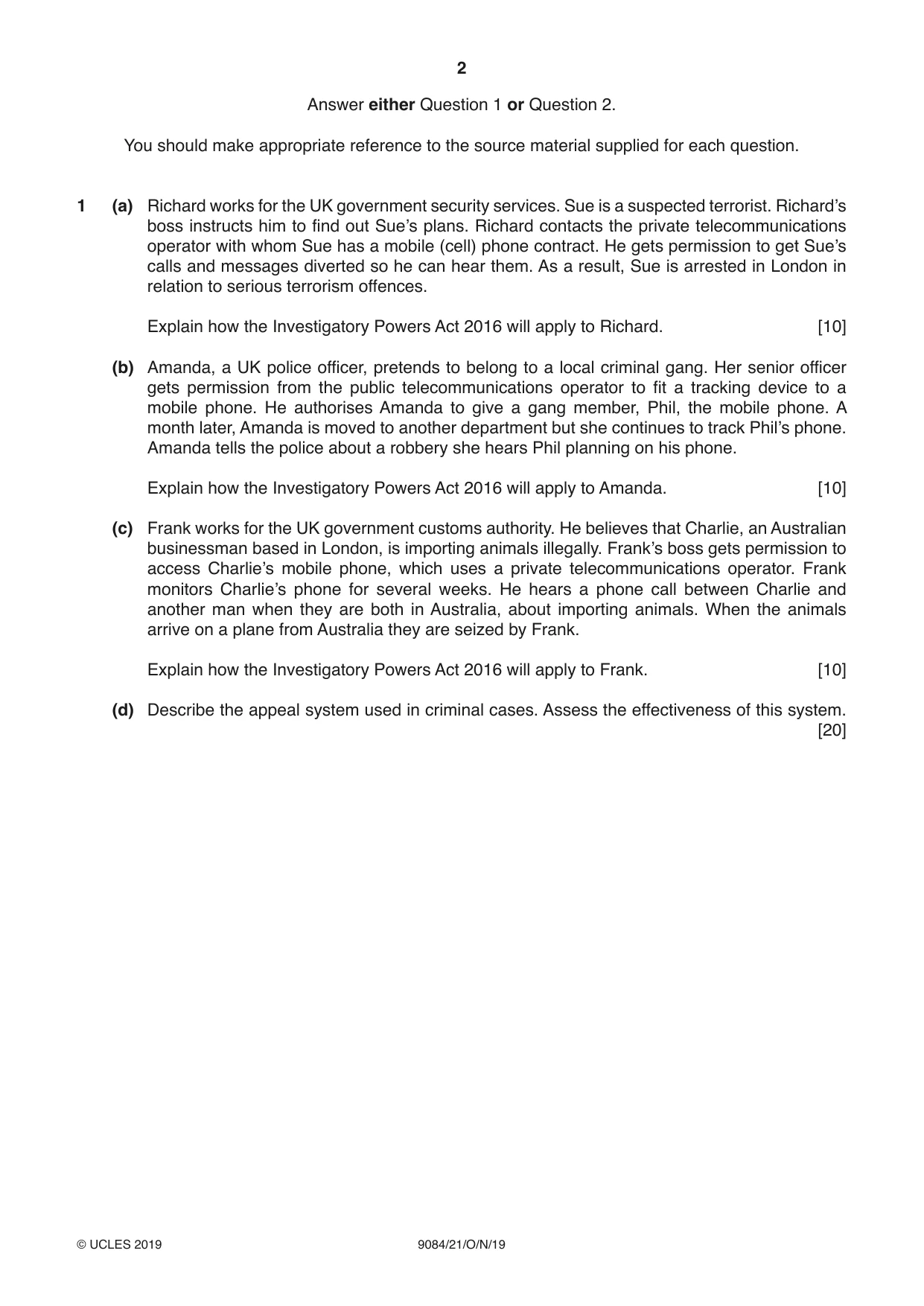 Cambridge A Level Law 9084 2019 Oct/Nov Paper 2 · Variant 1 question paper, page 2 of 8