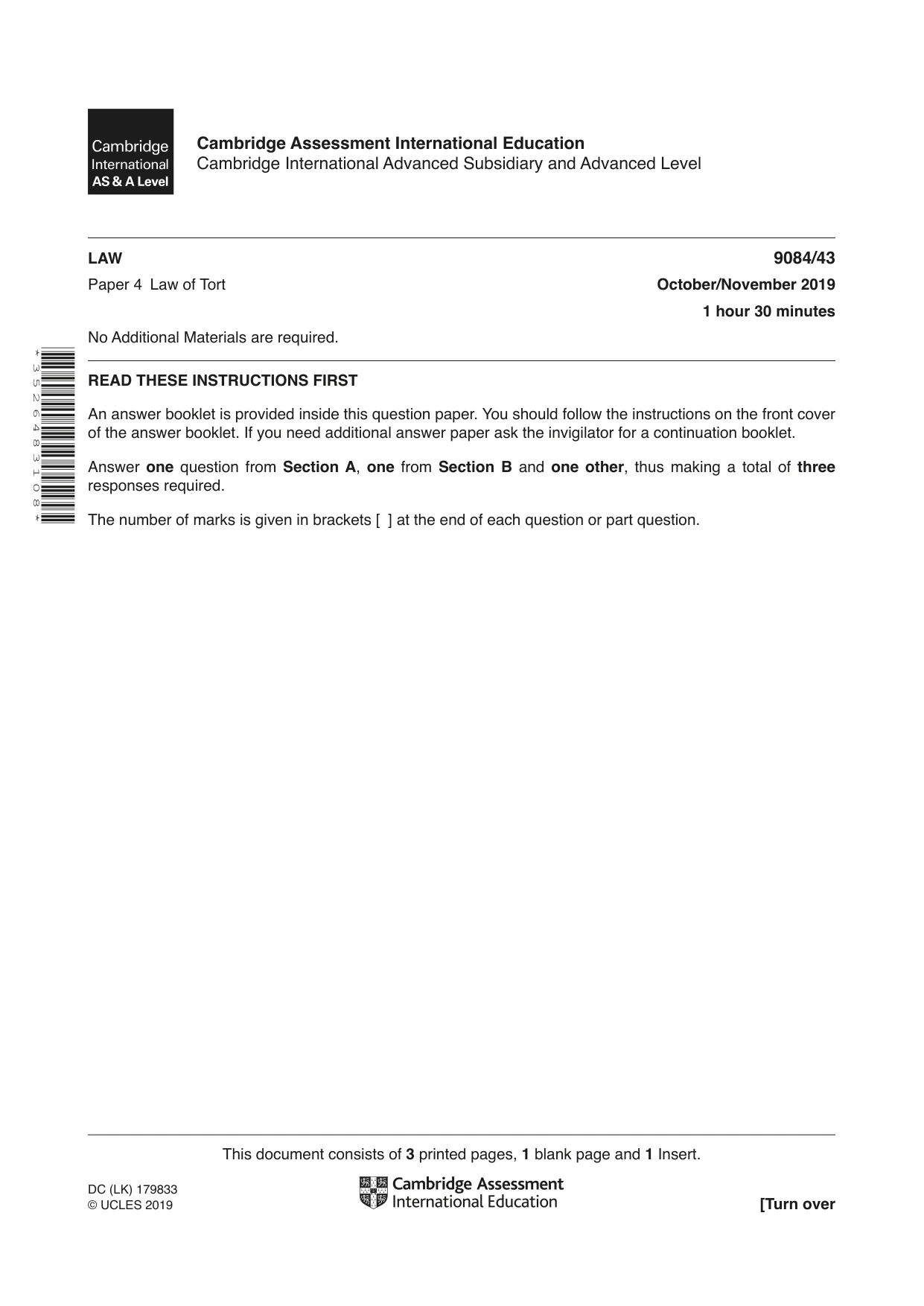 Cambridge A Level Law 9084 2019 Oct/Nov Paper 4 · Variant 3 question paper, page 1 of 4