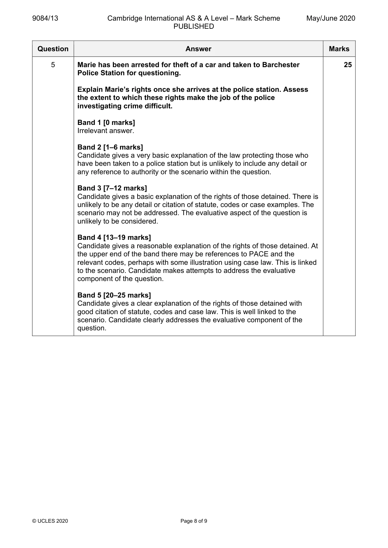 Mark scheme, page 8 of 9
