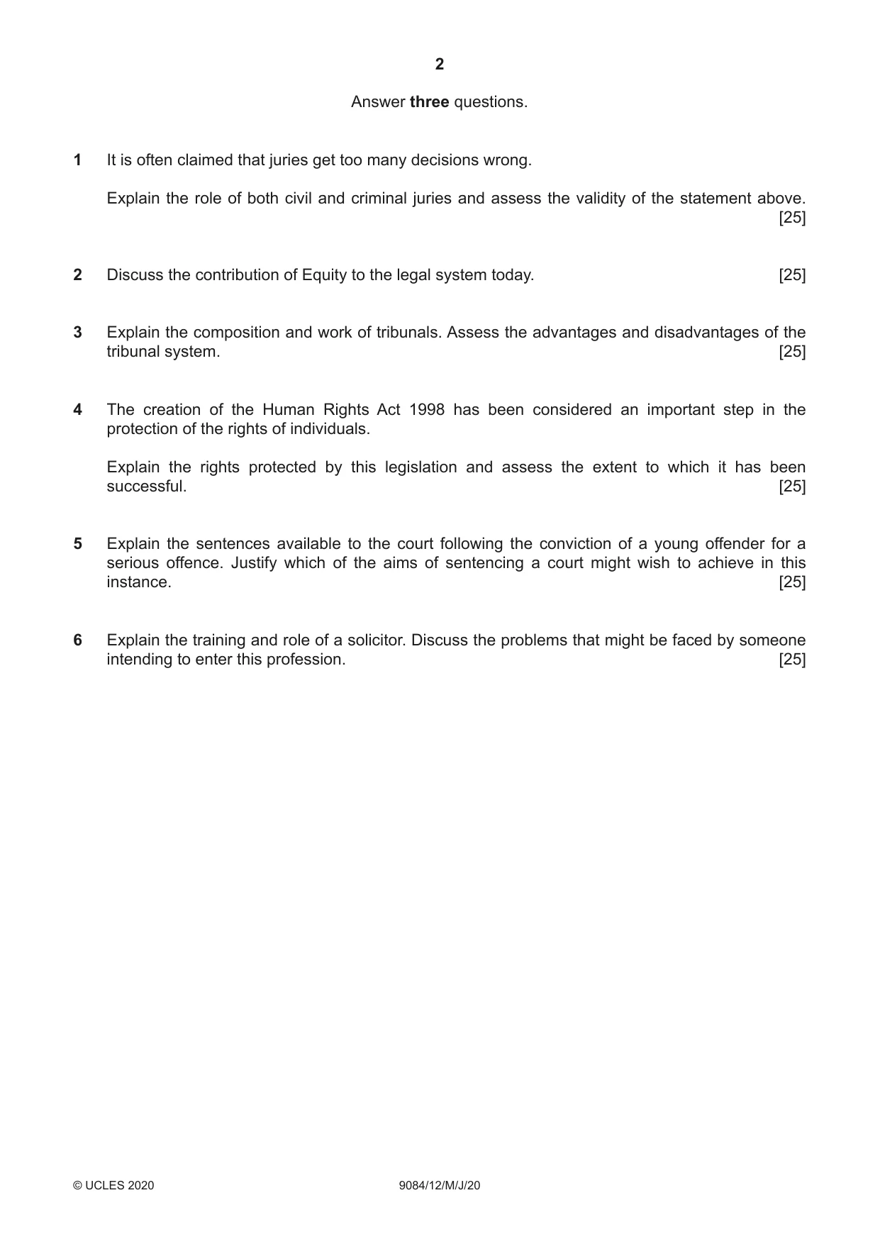 Cambridge A Level Law 9084 2020 May/June Paper 1 · Variant 2 question paper, page 2 of 4