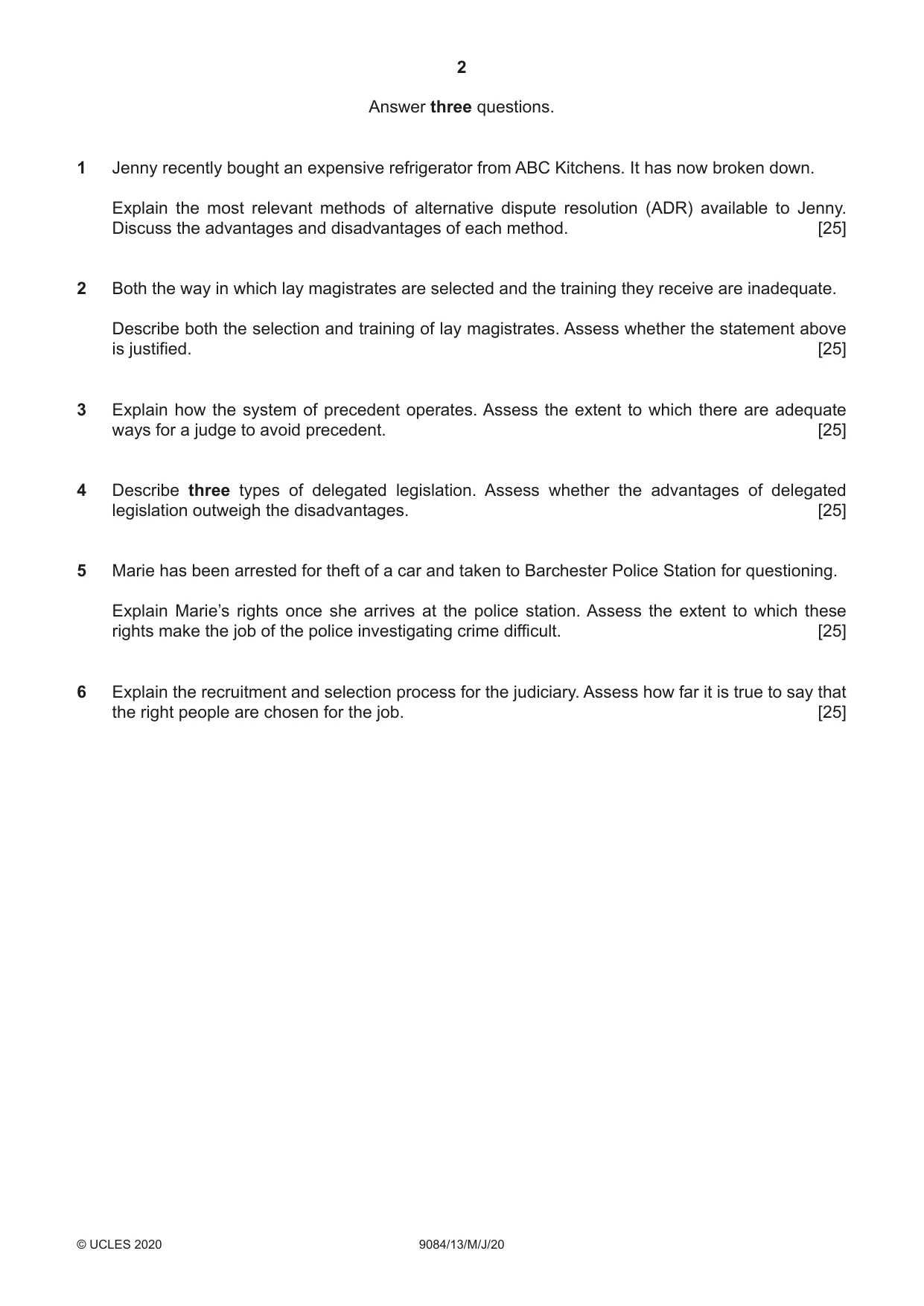 Cambridge A Level Law 9084 2020 May/June Paper 1 · Variant 3 question paper, page 2 of 4