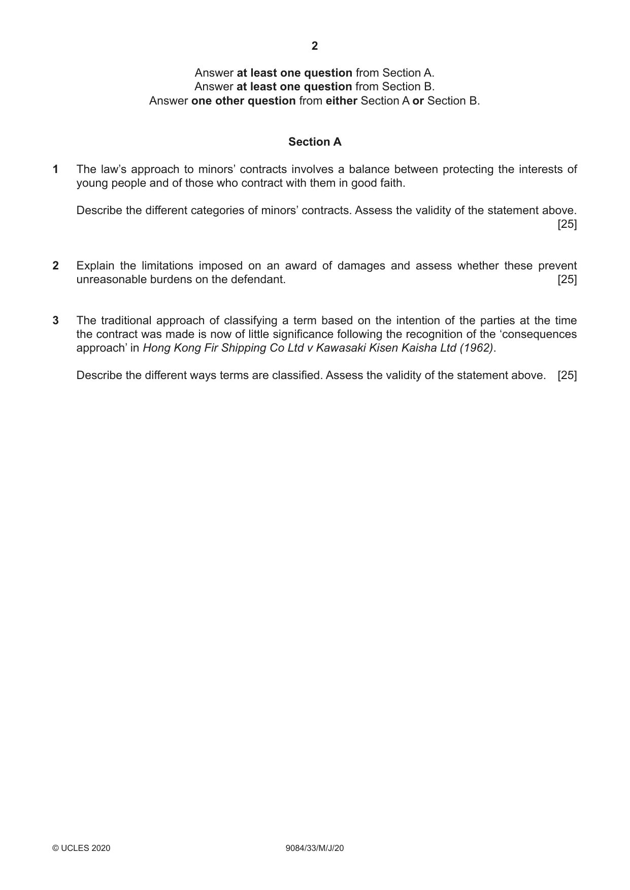 Cambridge A Level Law 9084 2020 May/June Paper 3 · Variant 3 question paper, page 2 of 4