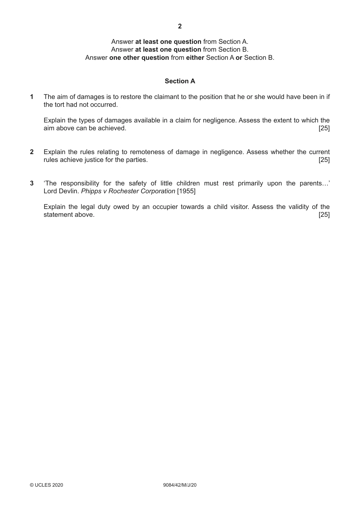 Cambridge A Level Law 9084 2020 May/June Paper 4 · Variant 2 question paper, page 2 of 4