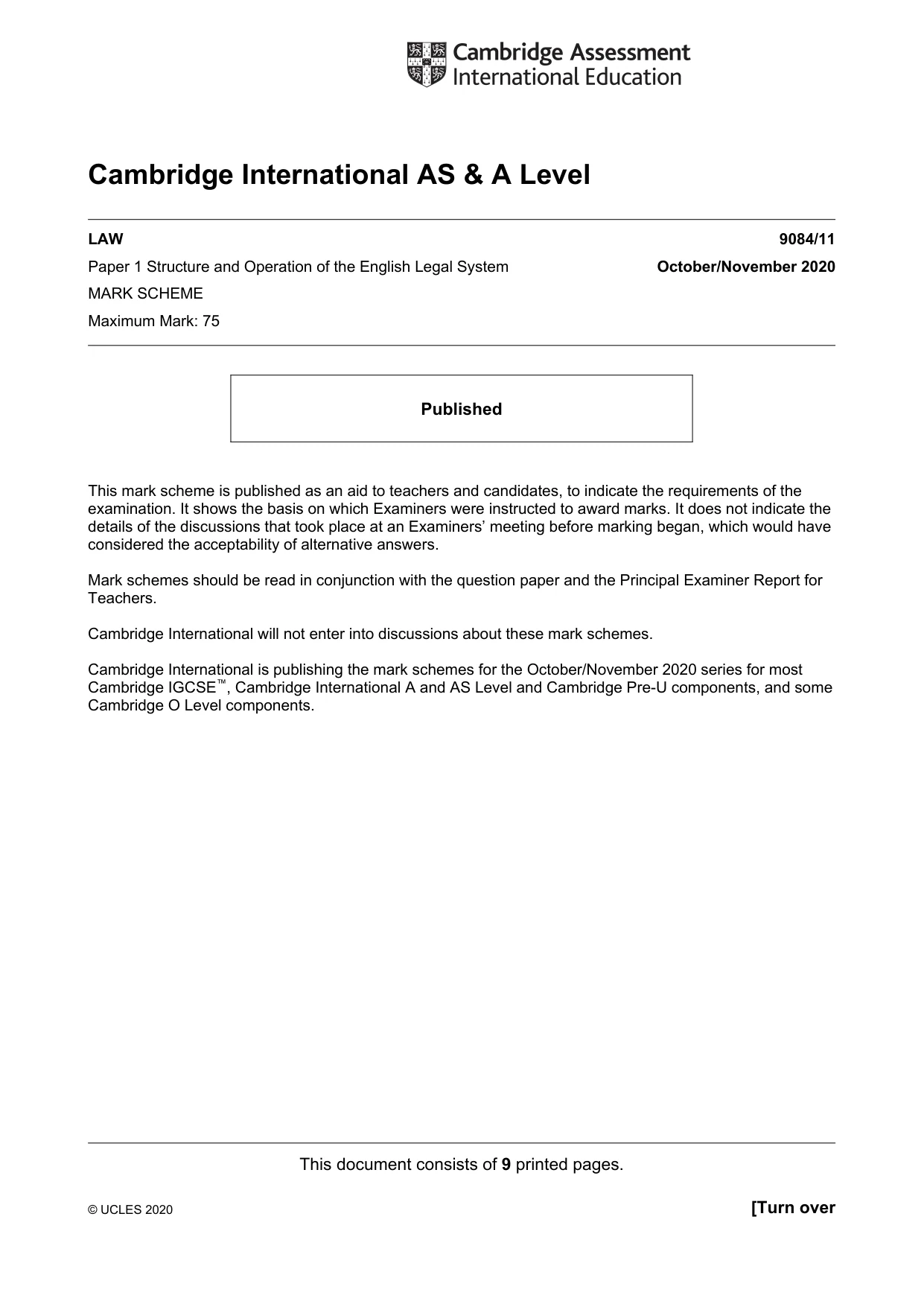 Mark scheme, page 1 of 9