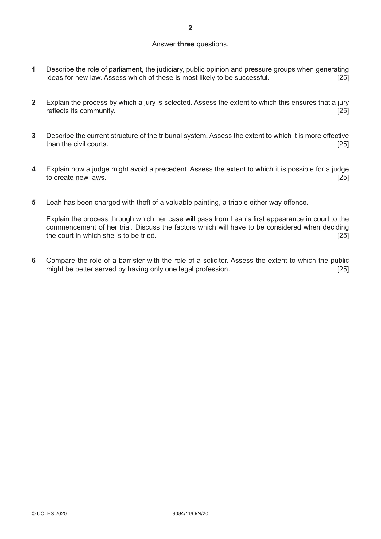 Cambridge A Level Law 9084 2020 Oct/Nov Paper 1 · Variant 1 question paper, page 2 of 4