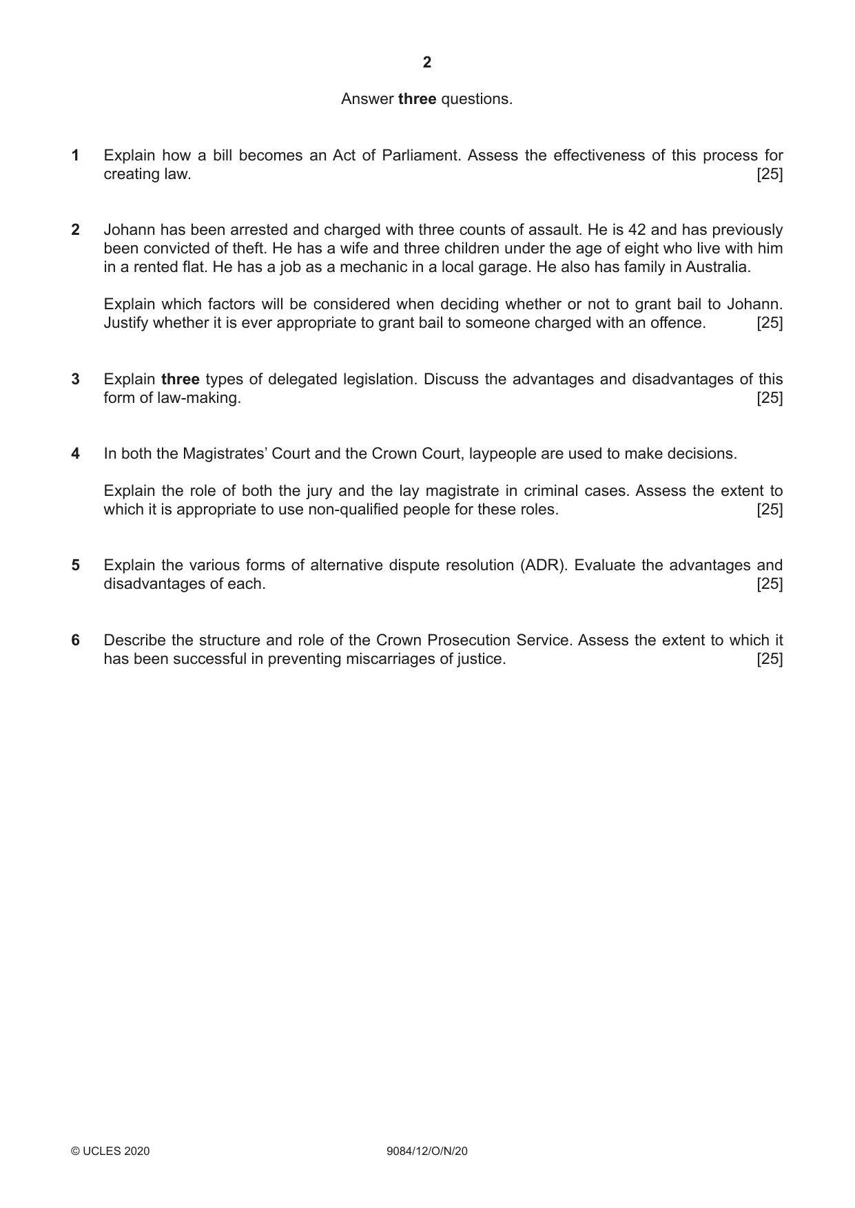 Cambridge A Level Law 9084 2020 Oct/Nov Paper 1 · Variant 2 question paper, page 2 of 4