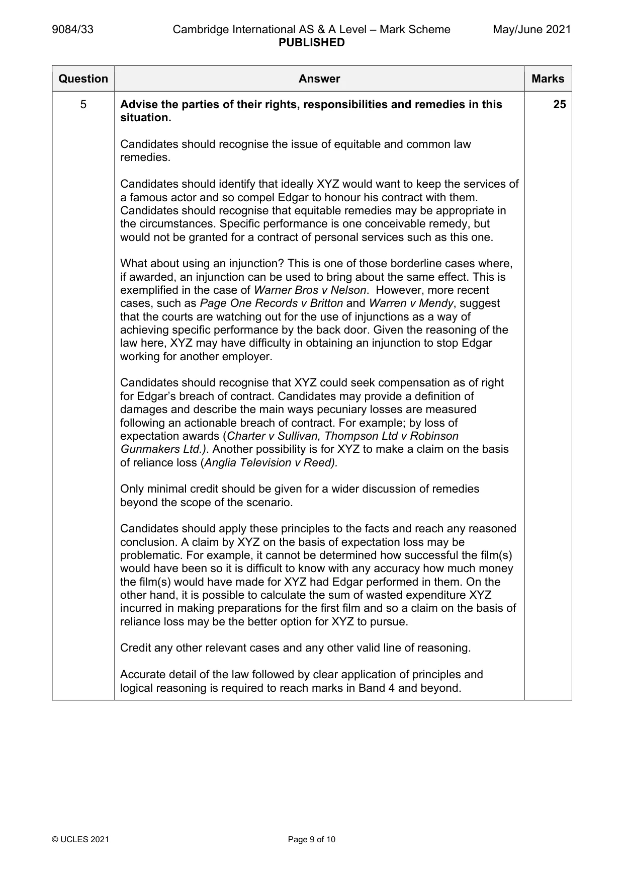 Mark scheme, page 9 of 10