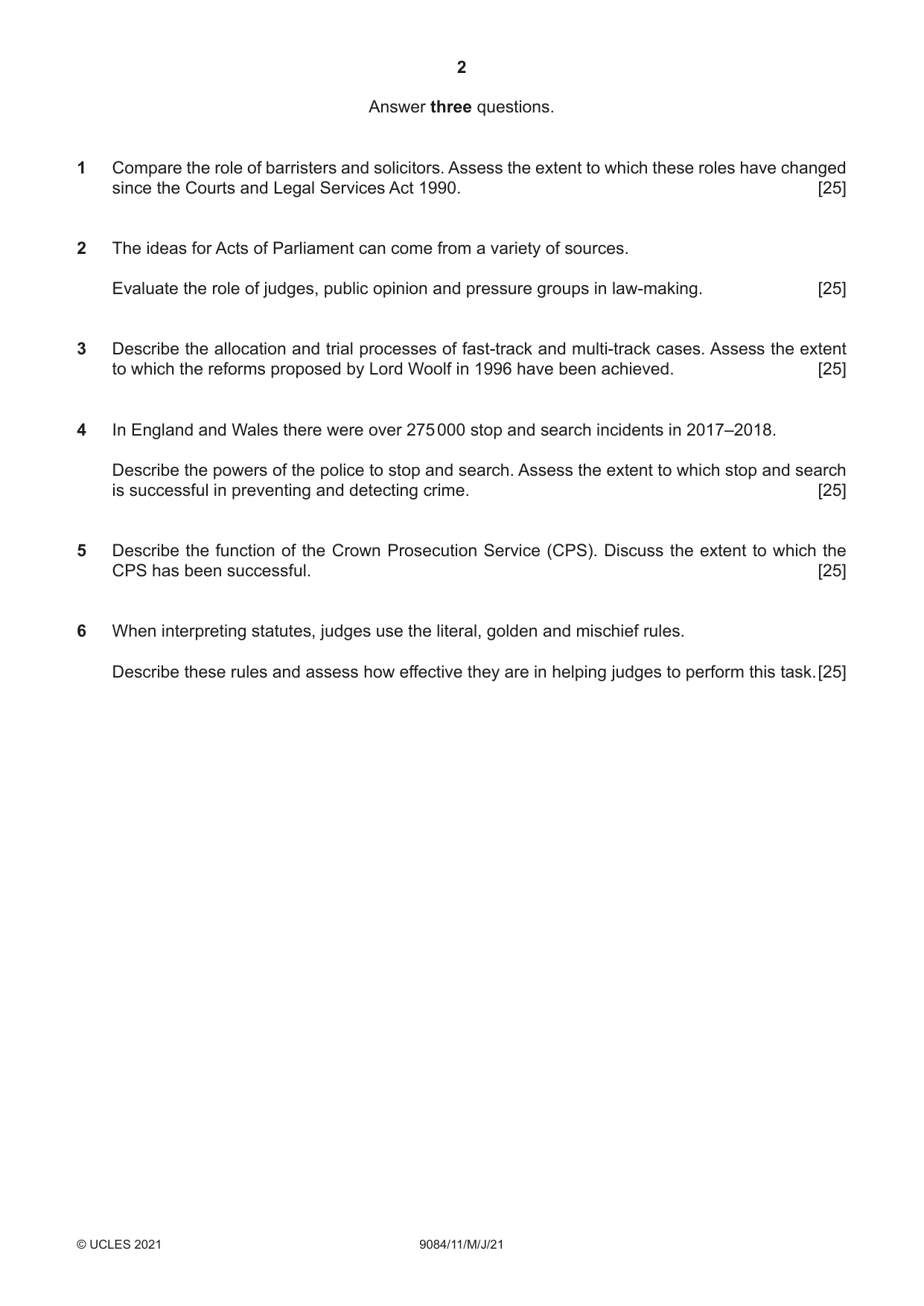 Cambridge A Level Law 9084 2021 May/June Paper 1 · Variant 1 question paper, page 2 of 4