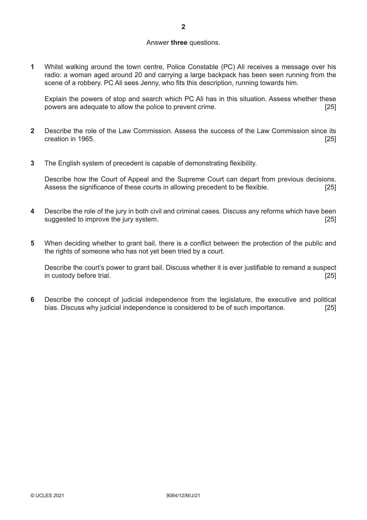 Cambridge A Level Law 9084 2021 May/June Paper 1 · Variant 2 question paper, page 2 of 4