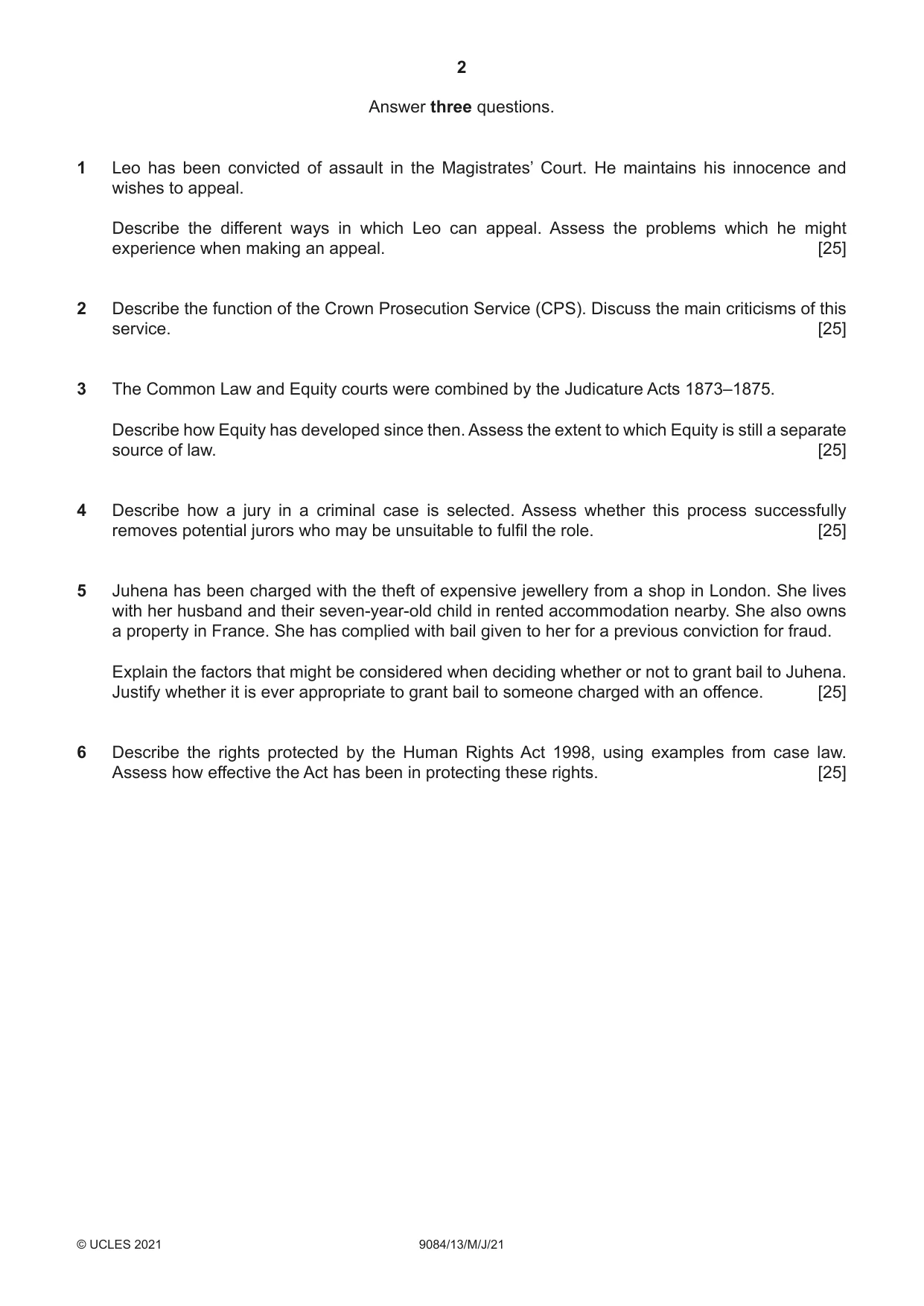 Cambridge A Level Law 9084 2021 May/June Paper 1 · Variant 3 question paper, page 2 of 4