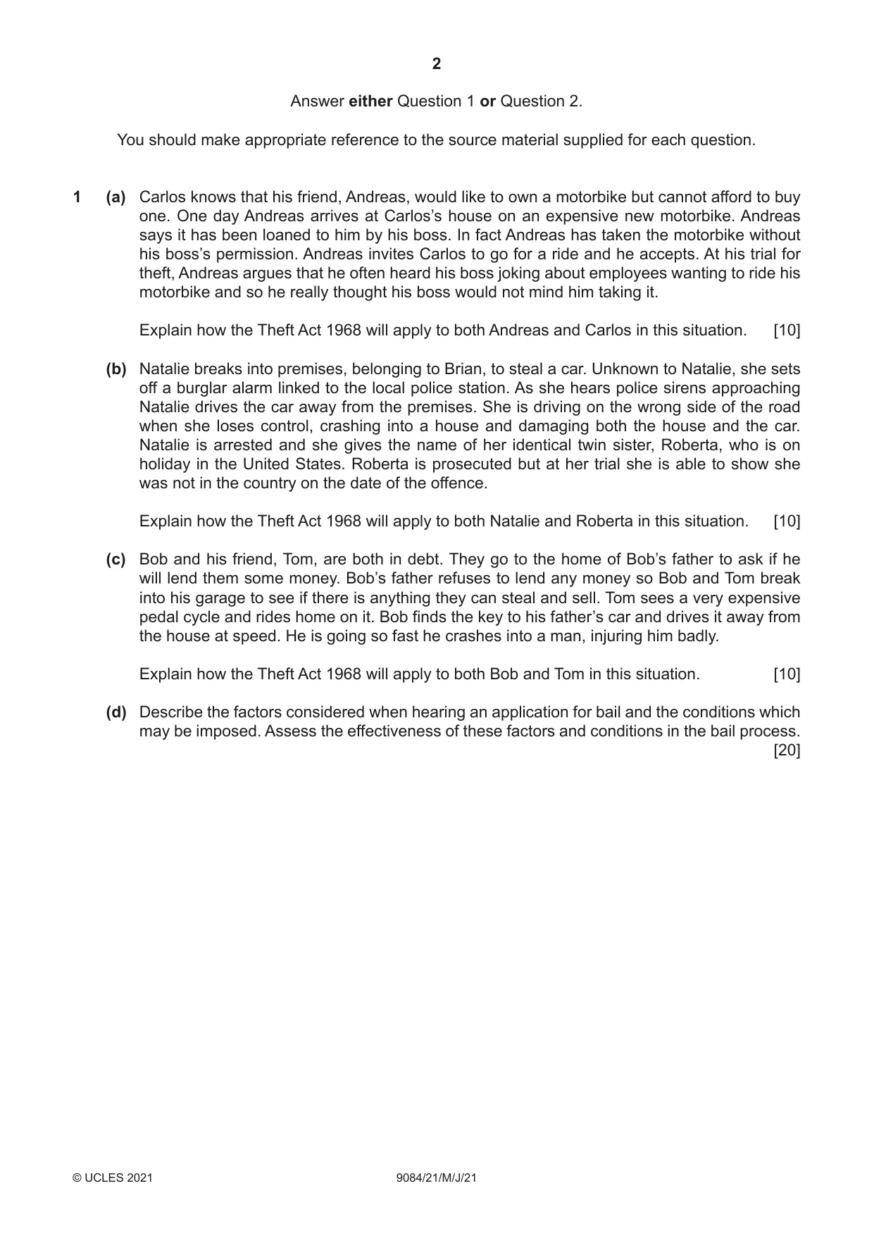 Cambridge A Level Law 9084 2021 May/June Paper 2 · Variant 1 question paper, page 2 of 8